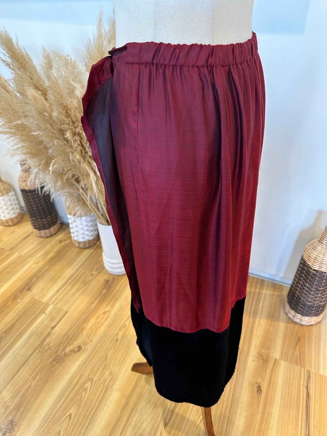 Vintage Skirt - Burgundy and black with pink floral embroidery and beading