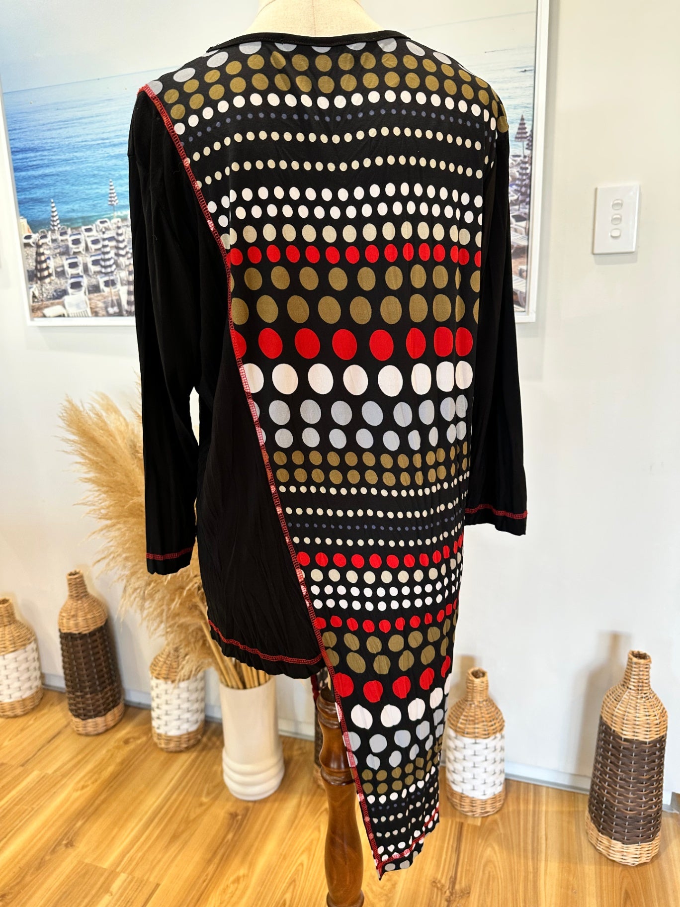 David Carmody - Asymmetrical Top - Size 16 - Black with red, white, and gold patterns