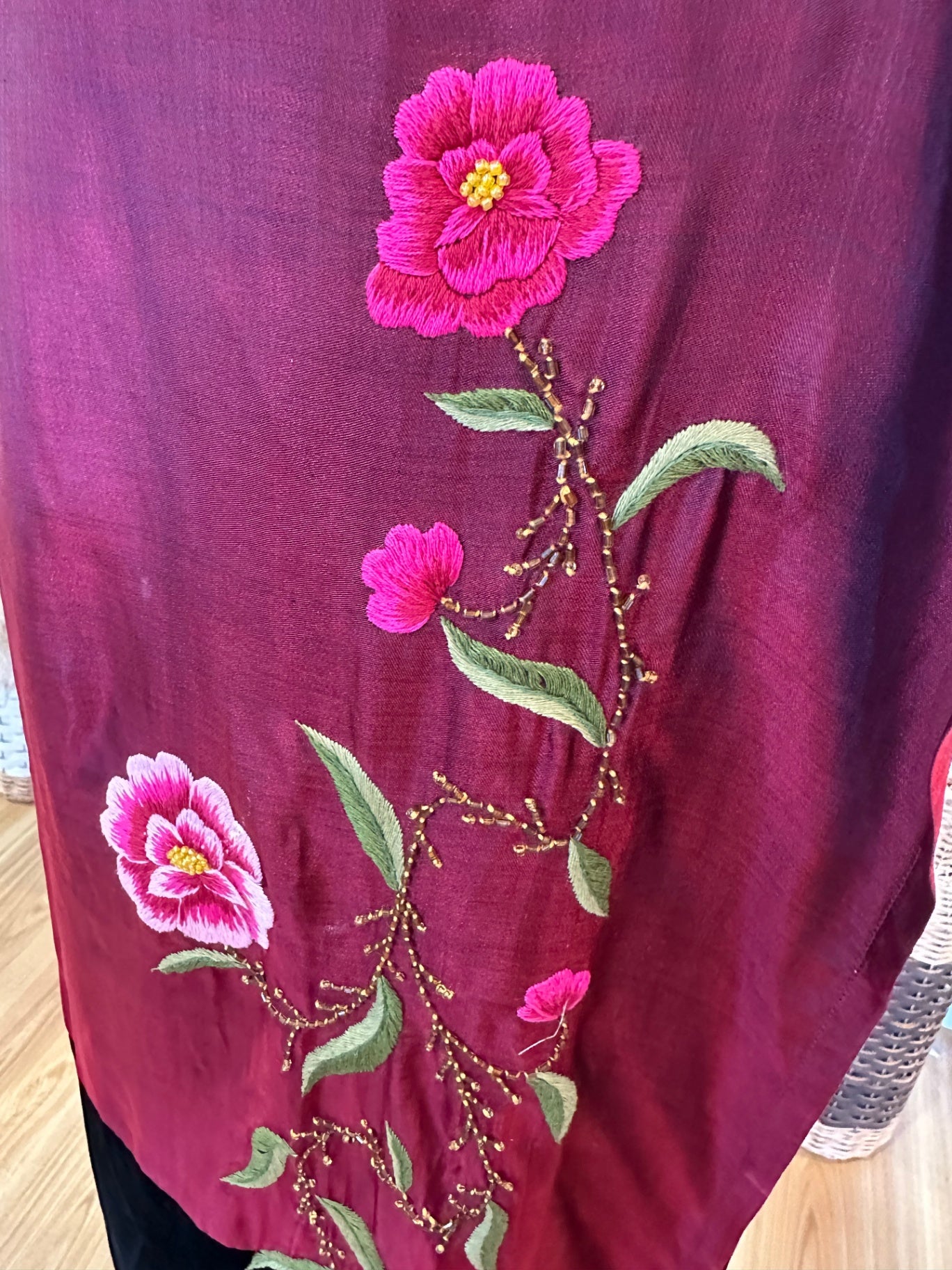 Vintage Skirt - Burgundy and black with pink floral embroidery and beading