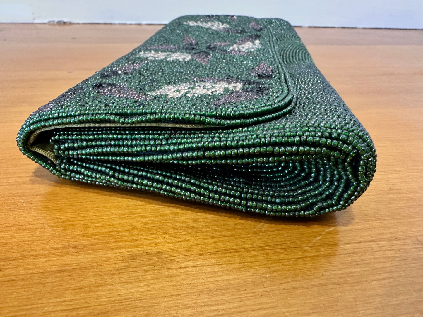 Vintage Beaded Clutch - Green w Floral Motif