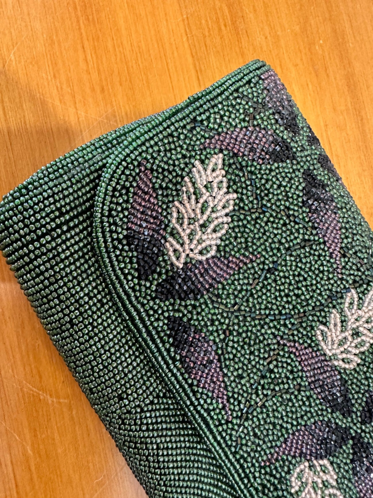Vintage Beaded Clutch - Green w Floral Motif