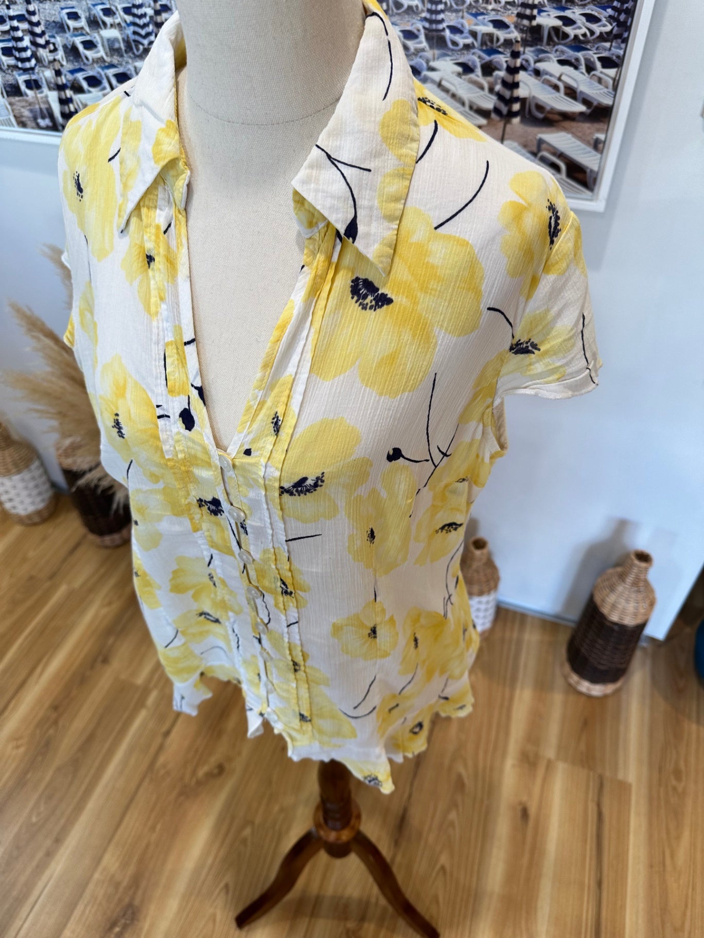 Per Una - Summer Blouse - Size 12 - Yellow Poppies - 100% Cotton