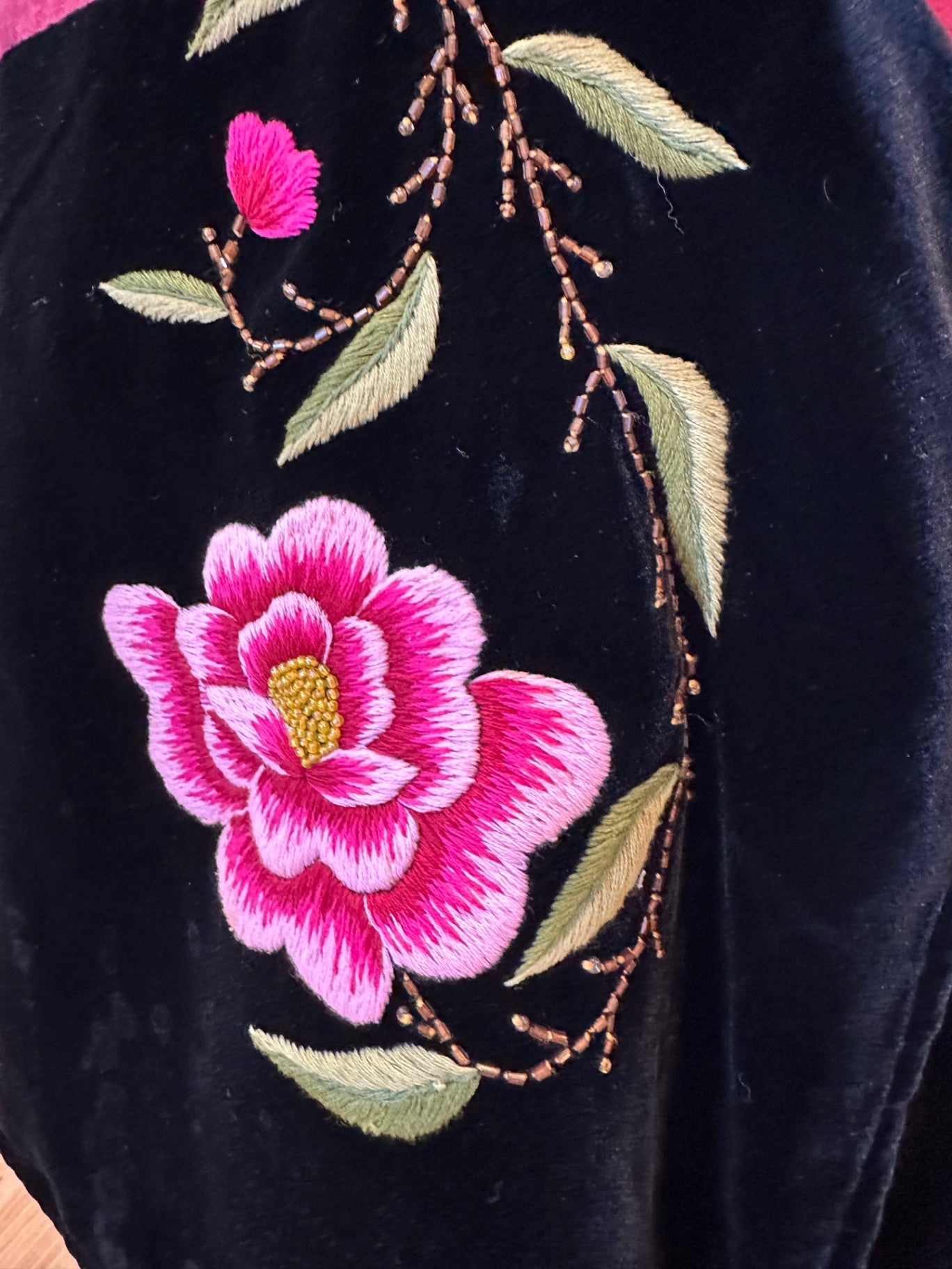Vintage Skirt - Burgundy and black with pink floral embroidery and beading