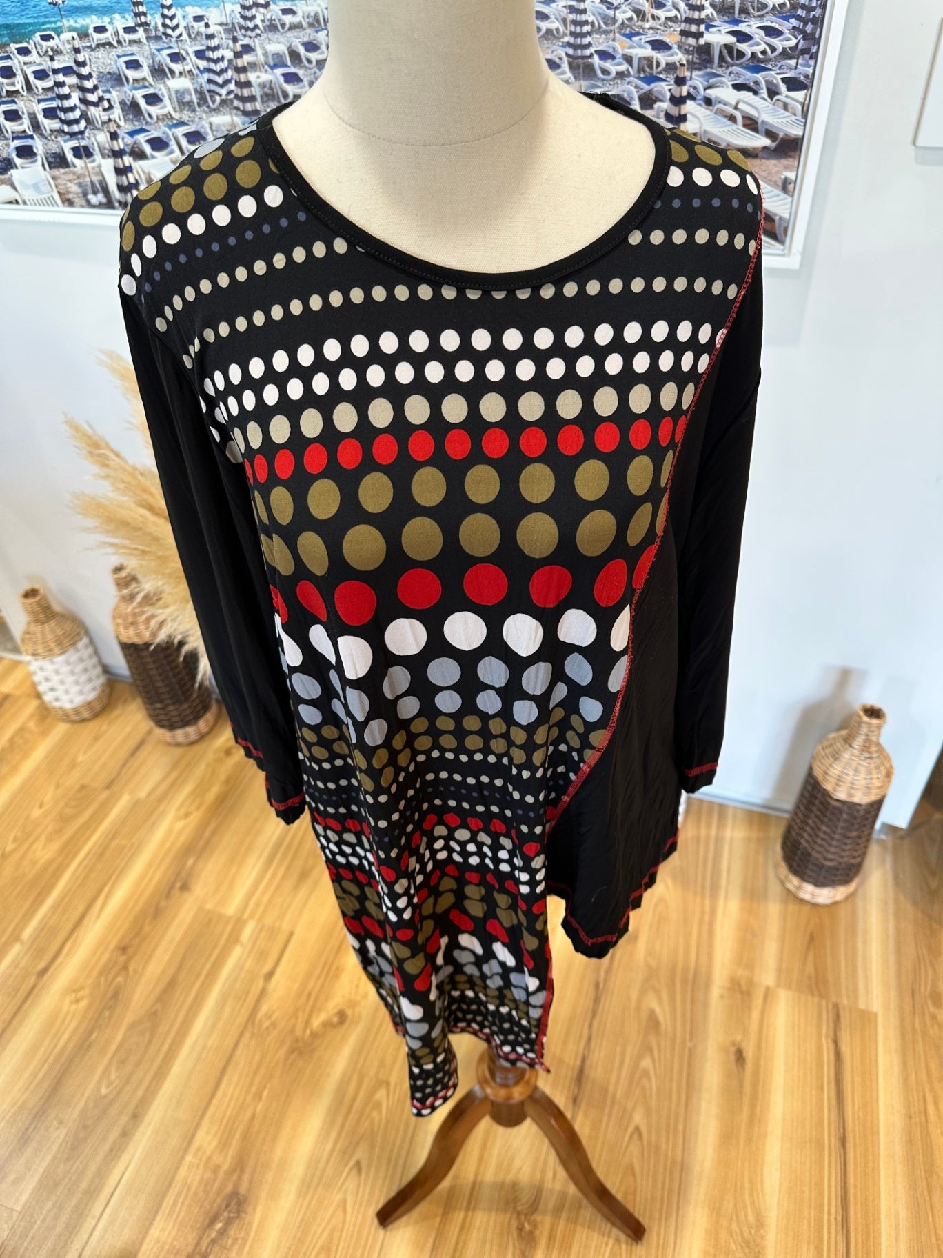 David Carmody - Asymmetrical Top - Size 16 - Black with red, white, and gold patterns