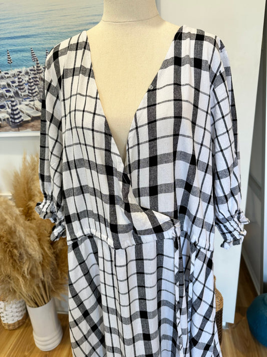 Spirit - Checked Black + White Dress - Size 16 - 30% Linen