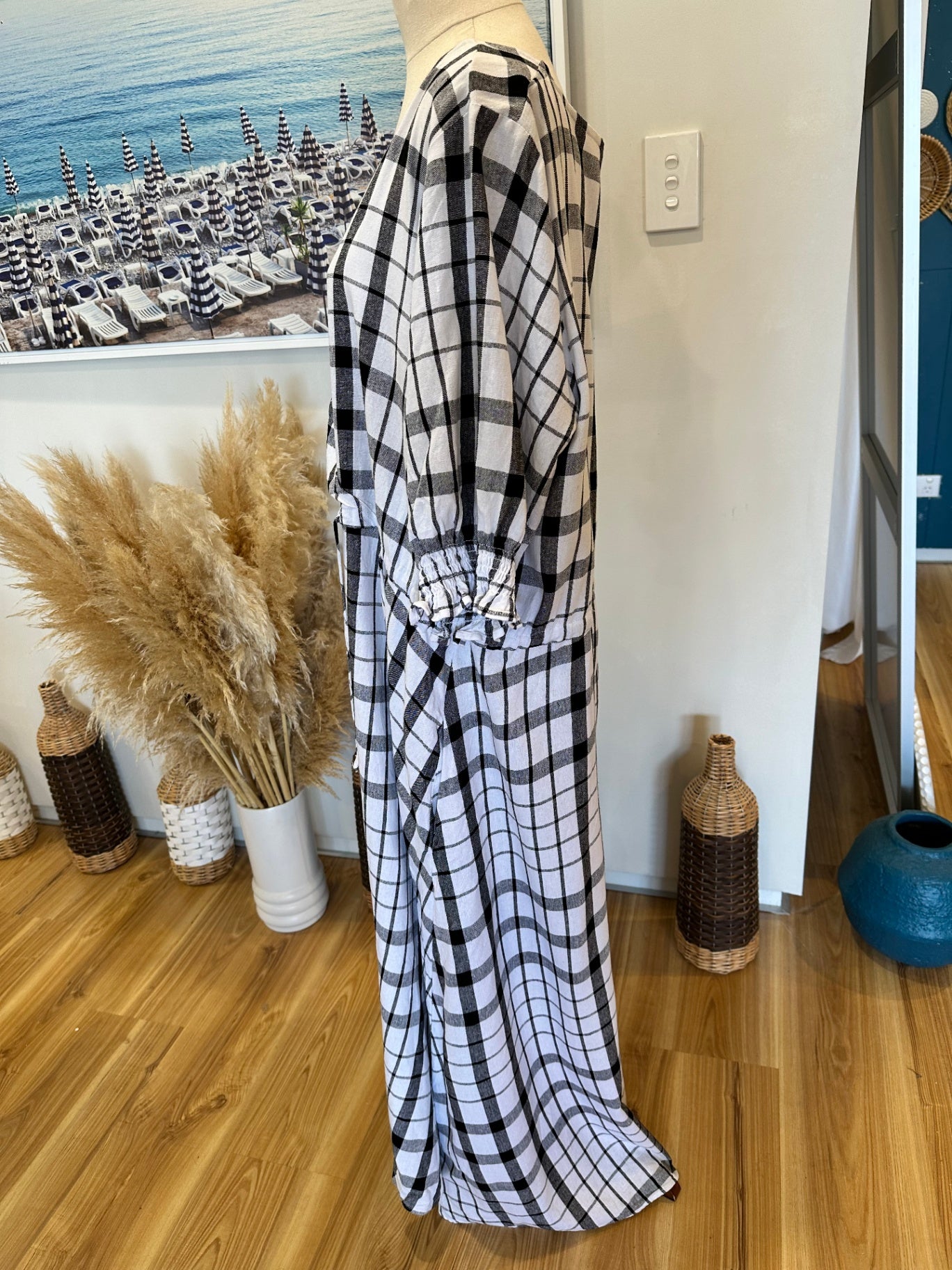 Spirit - Checked Black + White Dress - Size 16 - 30% Linen