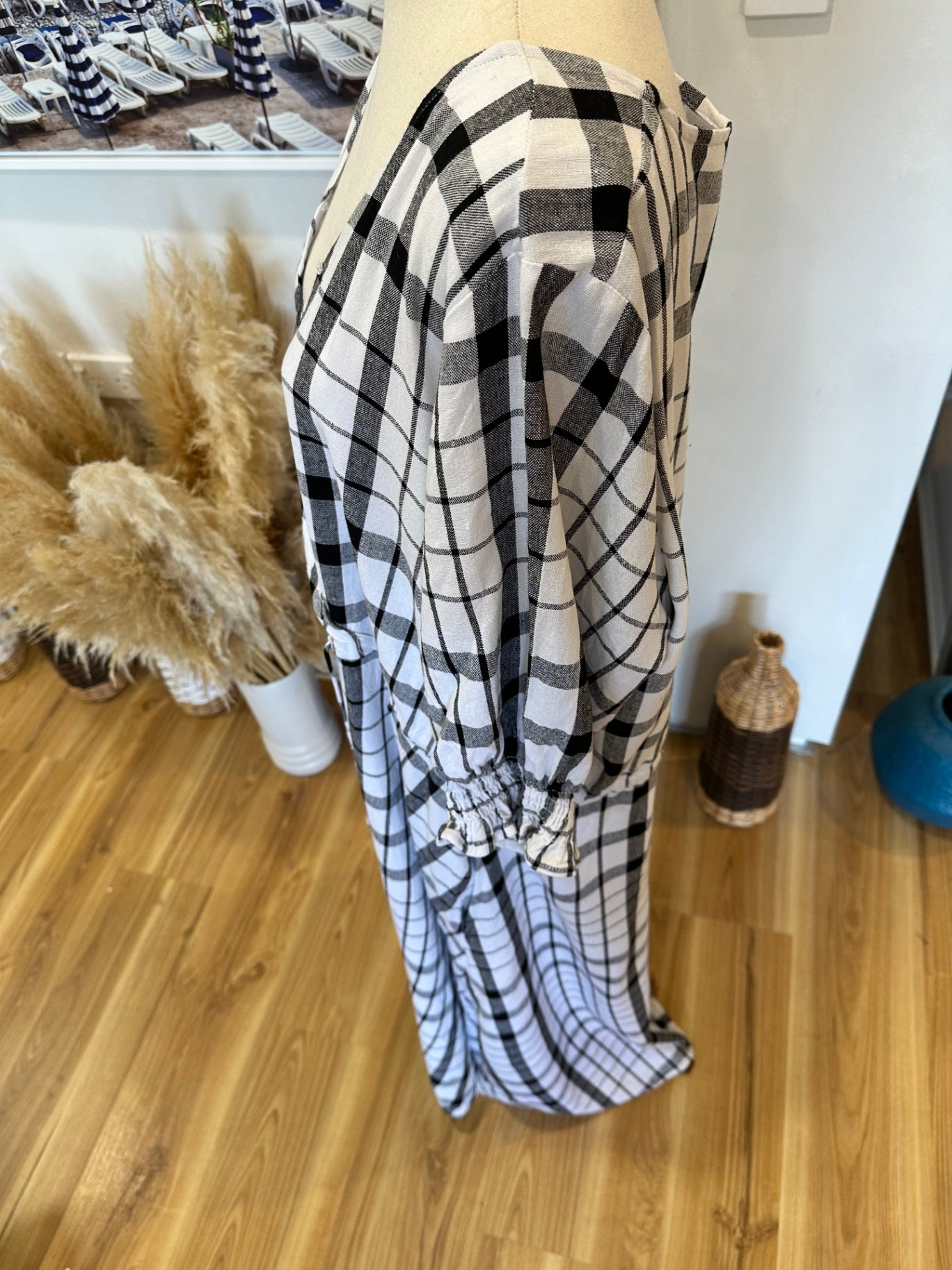 Spirit - Checked Black + White Dress - Size 16 - 30% Linen