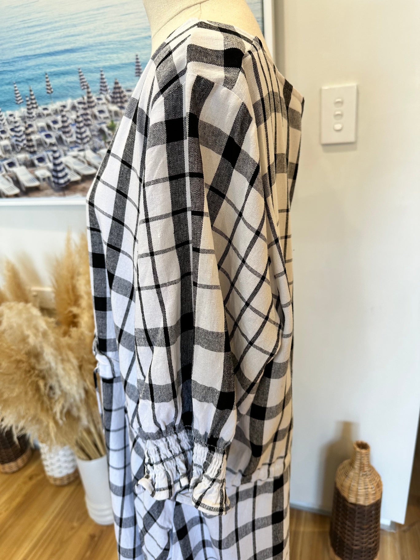 Spirit - Checked Black + White Dress - Size 16 - 30% Linen