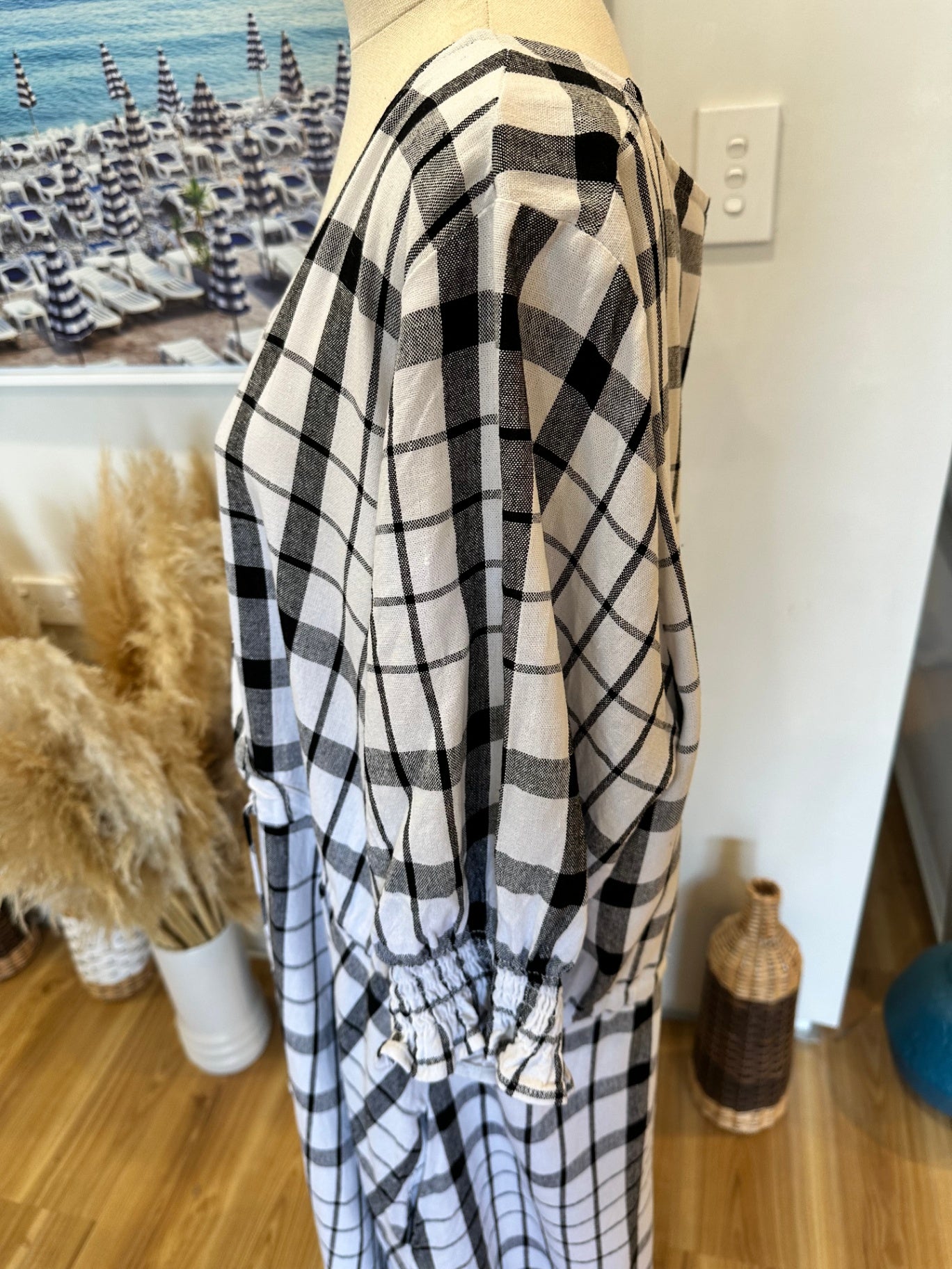 Spirit - Checked Black + White Dress - Size 16 - 30% Linen