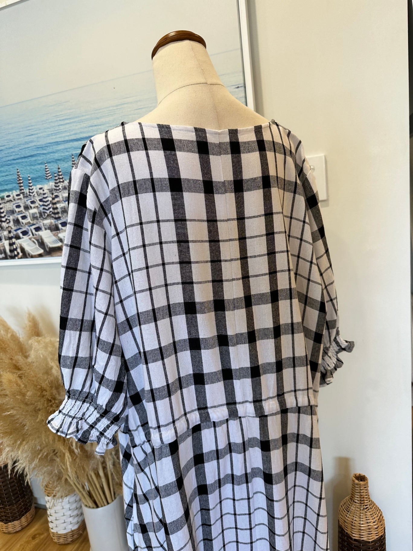 Spirit - Checked Black + White Dress - Size 16 - 30% Linen