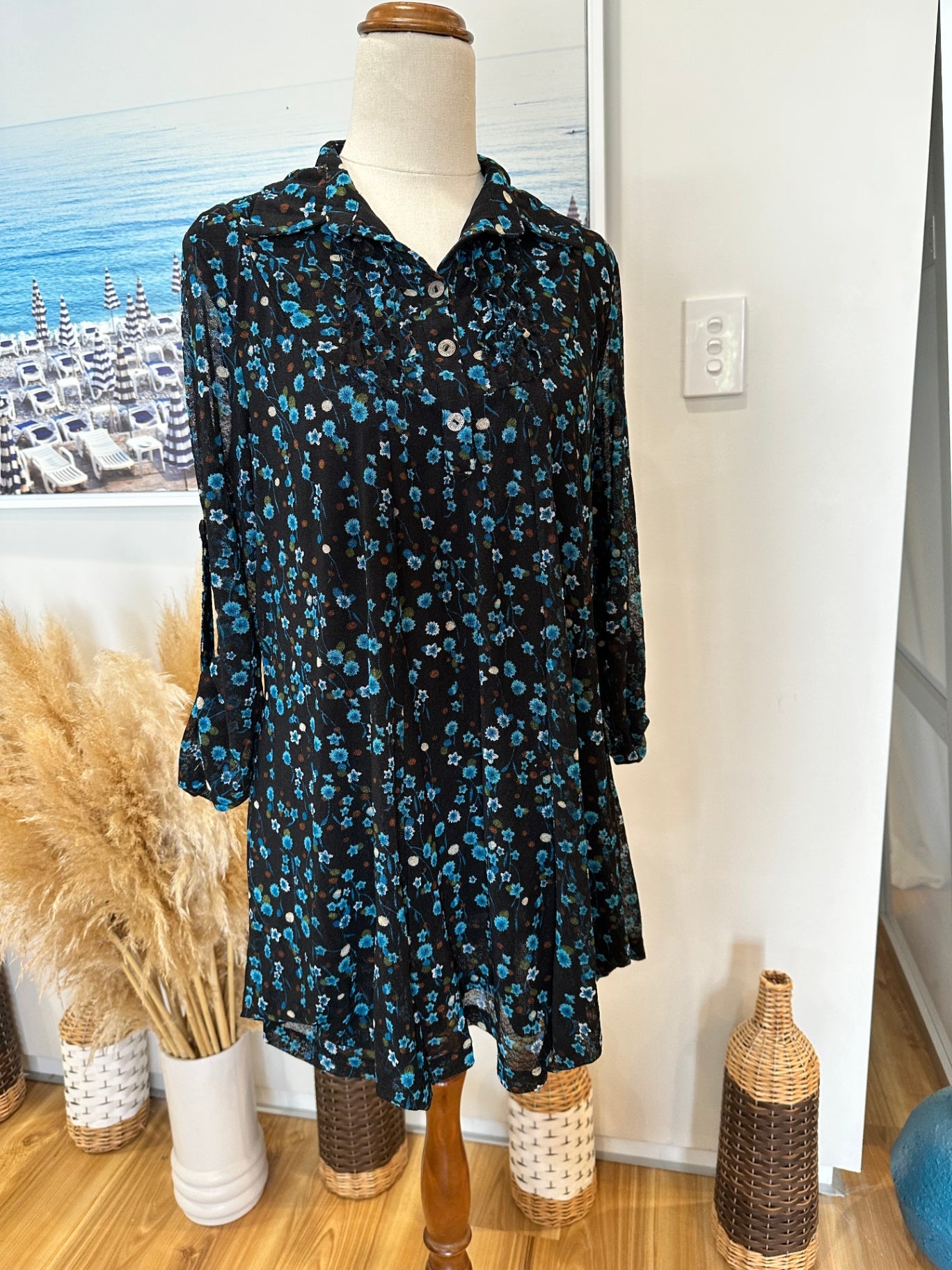 Merric Blouse - Size 14 - Black with blue and white floral pattern