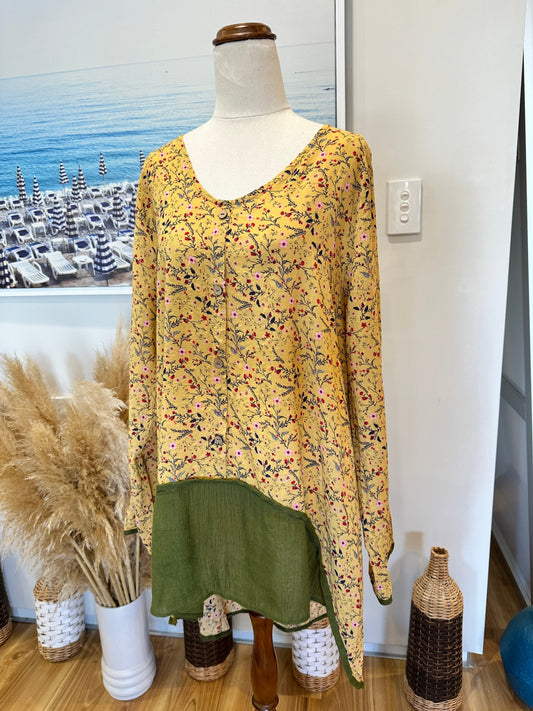Bohemian Blouse - Extra Large - Yellow with floral pattern