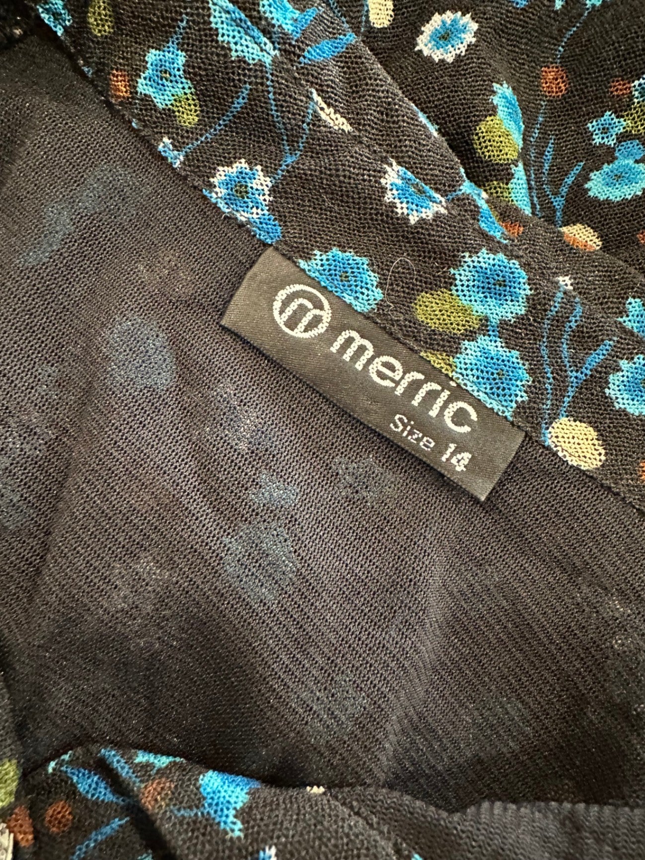 Merric Blouse - Size 14 - Black with blue and white floral pattern