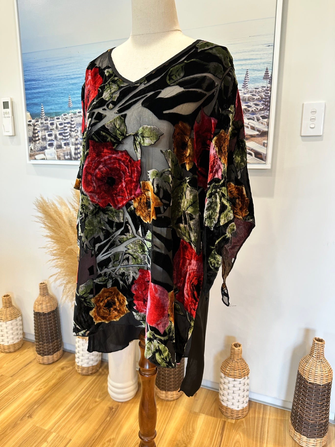 Merric - Blouse - Size 14 - Red & Black w Velvet Texture