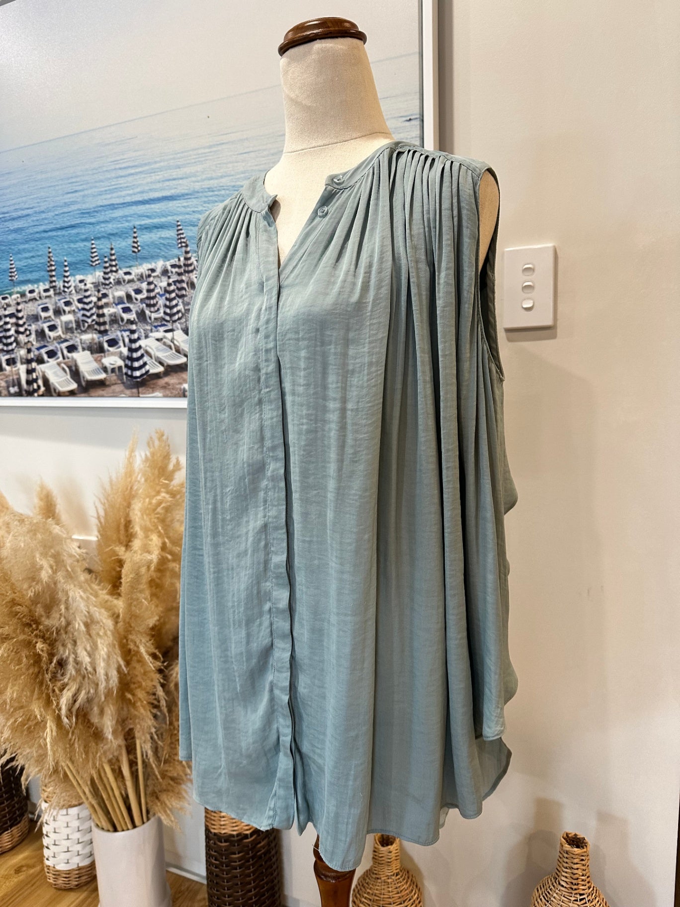 Whistle - Sleeveless Summer Top - Size 12 - Aqua / Grey