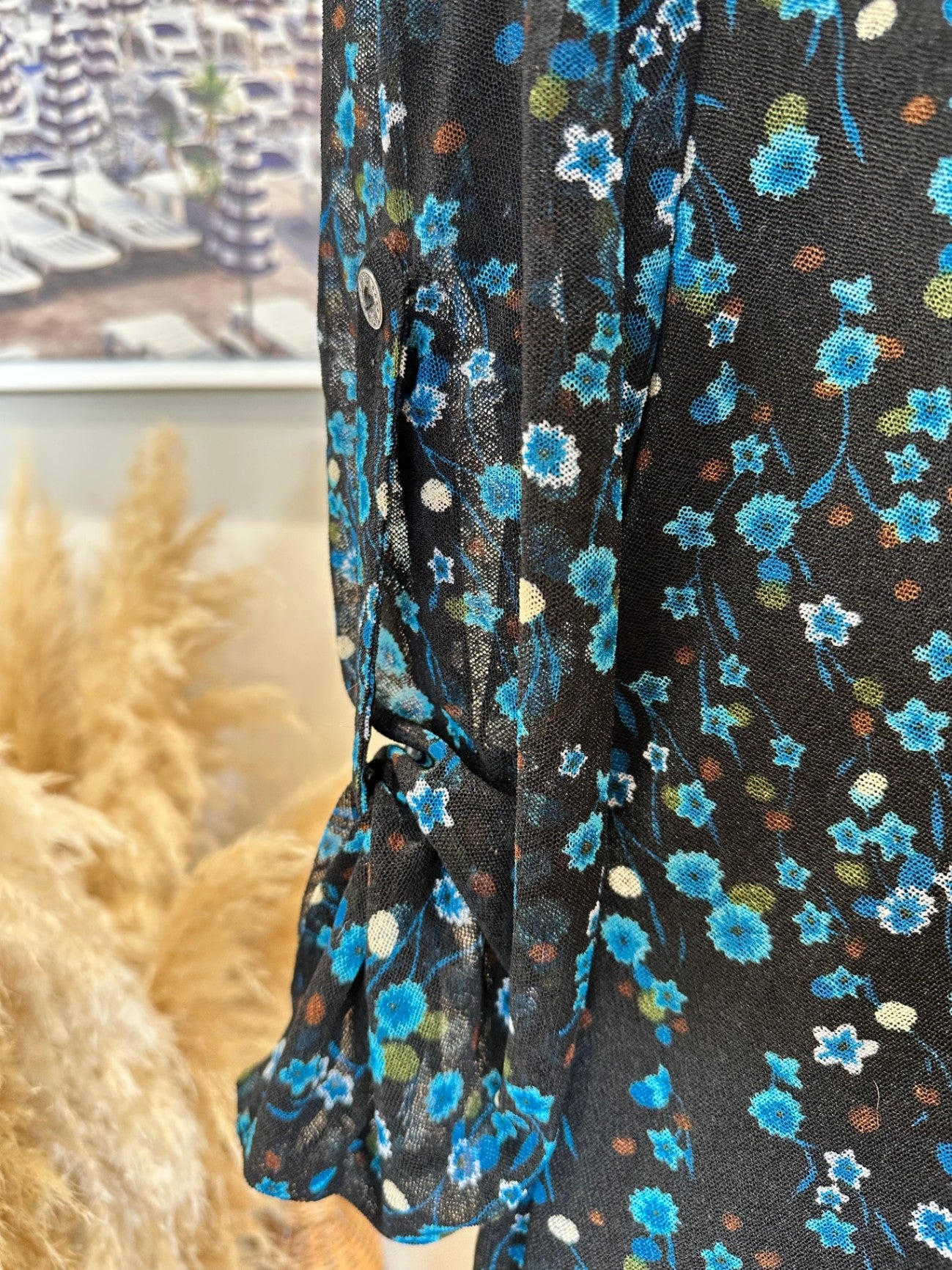 Merric Blouse - Size 14 - Black with blue and white floral pattern