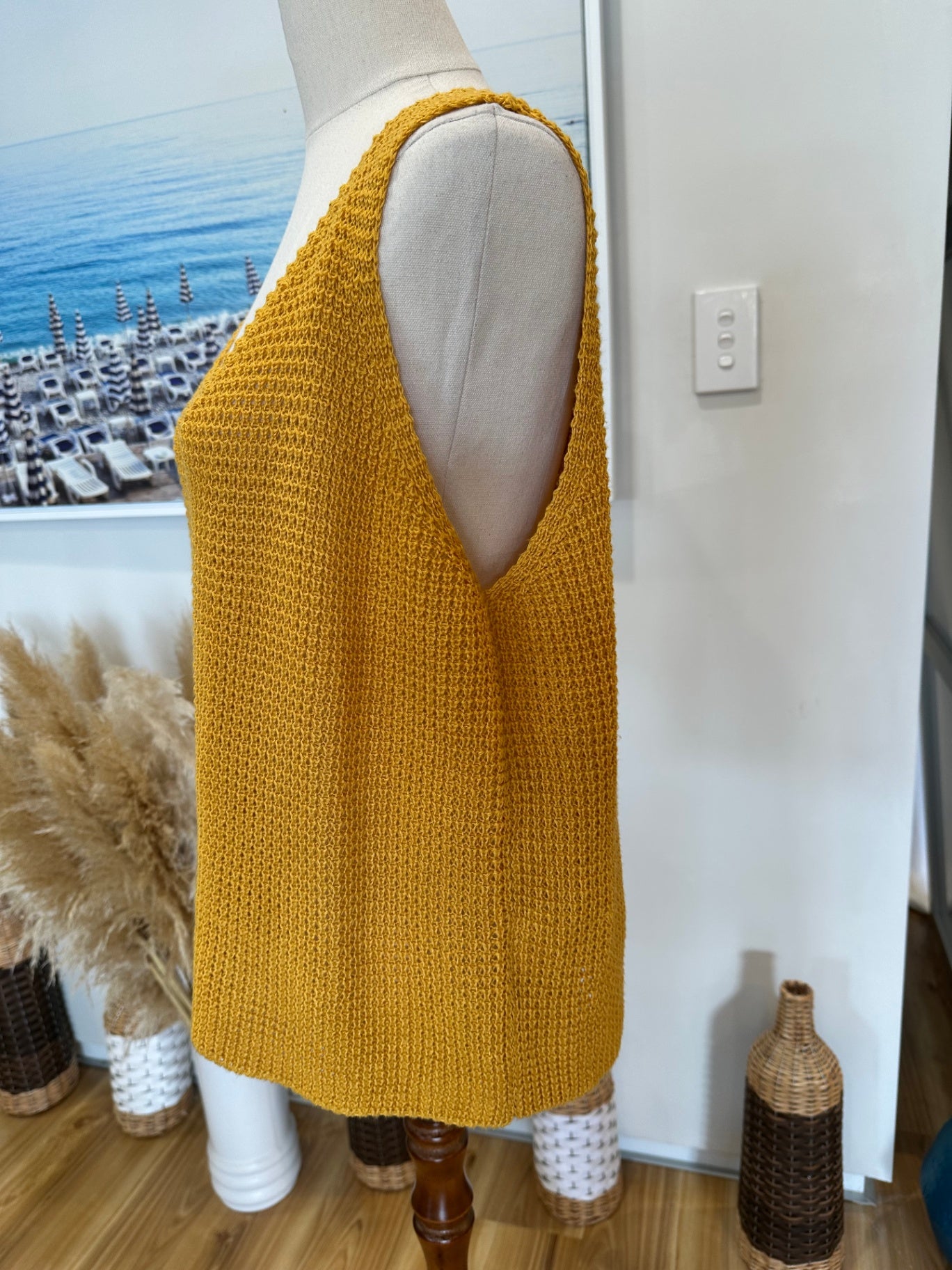 Crochet Inspired Singlet Top - Large / Extra Large - Mustard Yellow