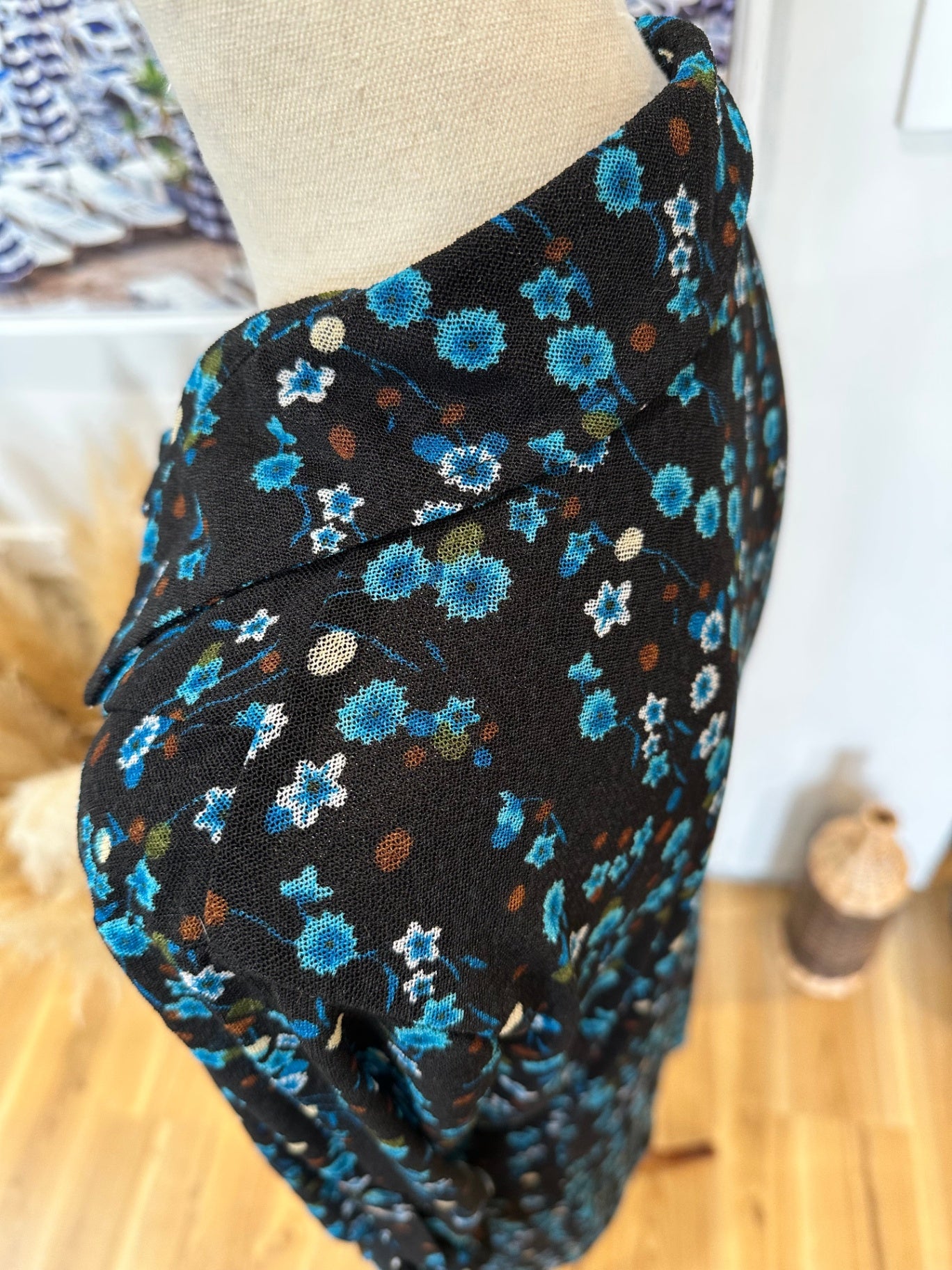 Merric Blouse - Size 14 - Black with blue and white floral pattern