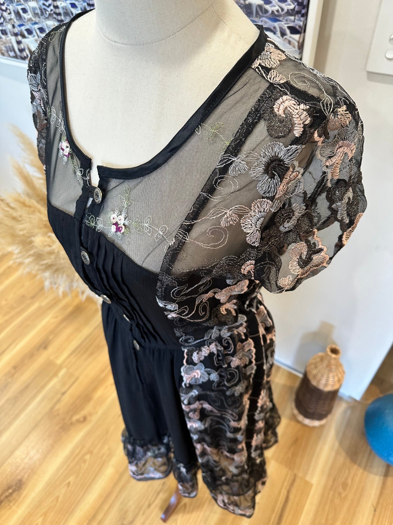 Dress - Small - Black with multicoloured floral embroidery