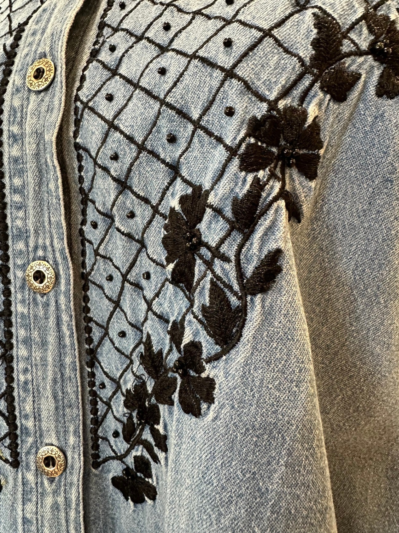 Vintage 90's - Denim Shirt - Medium / Large - Blue with Black Embroidery