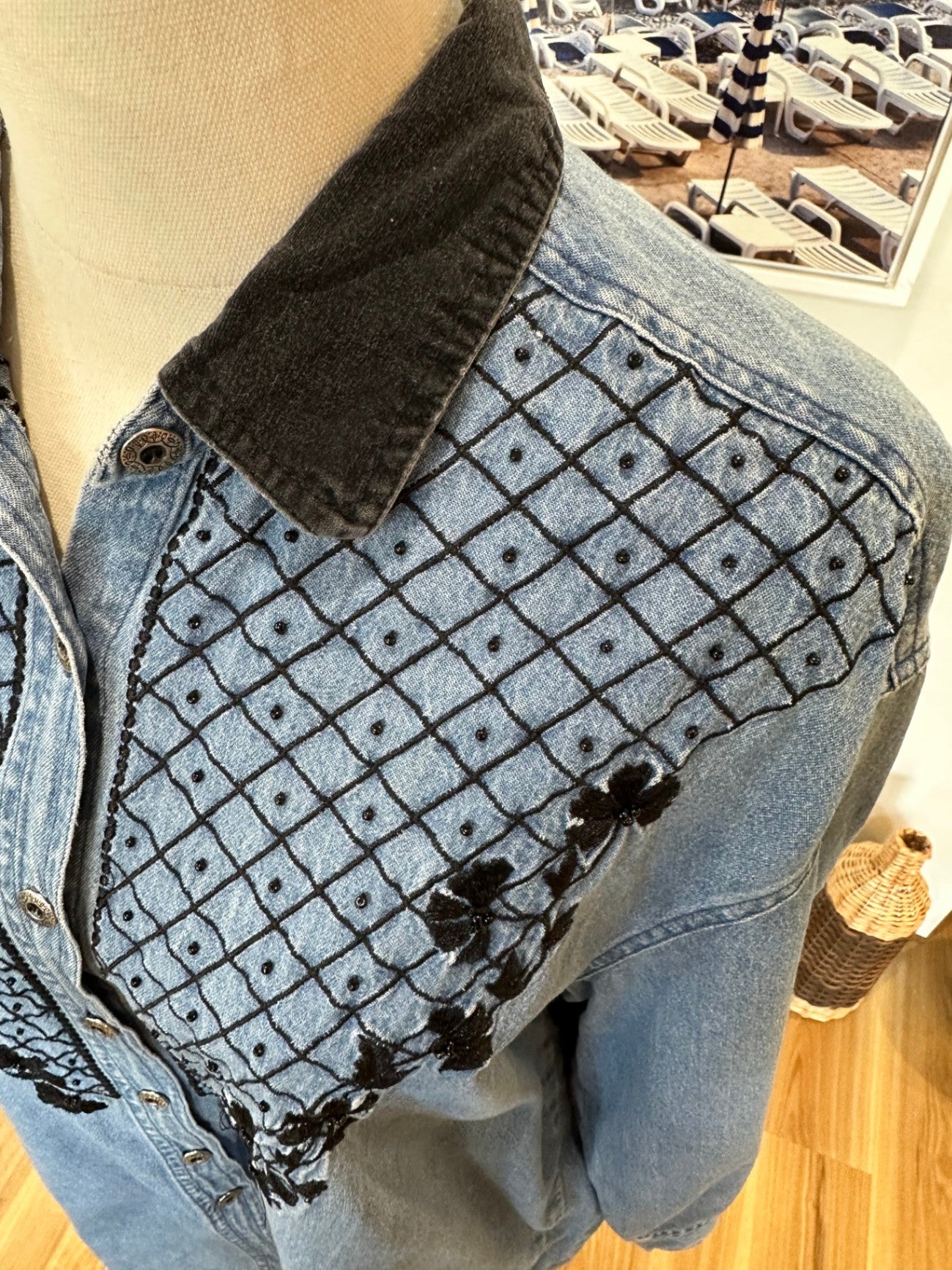 Vintage 90's - Denim Shirt - Medium / Large - Blue with Black Embroidery