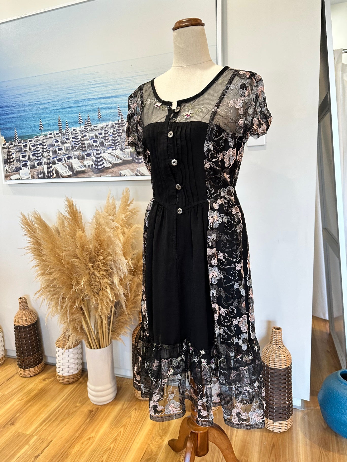 Dress - Small - Black with multicoloured floral embroidery