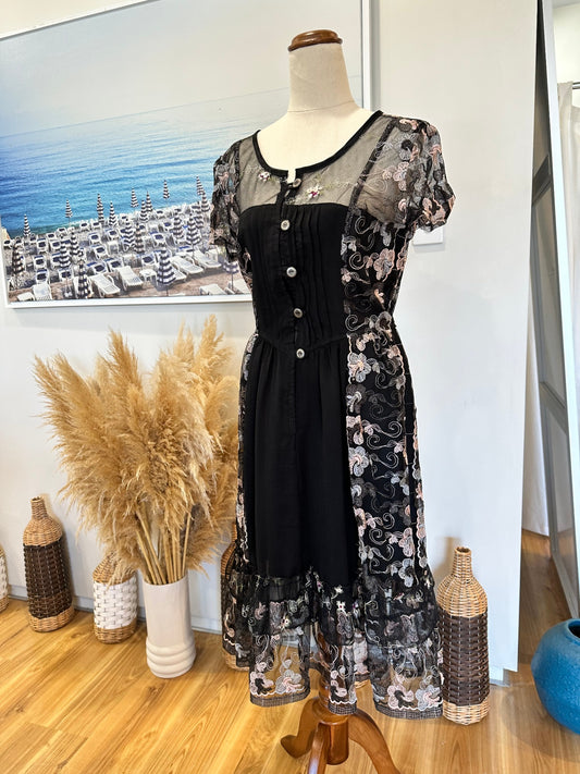 Dress - Small - Black with multicoloured floral embroidery