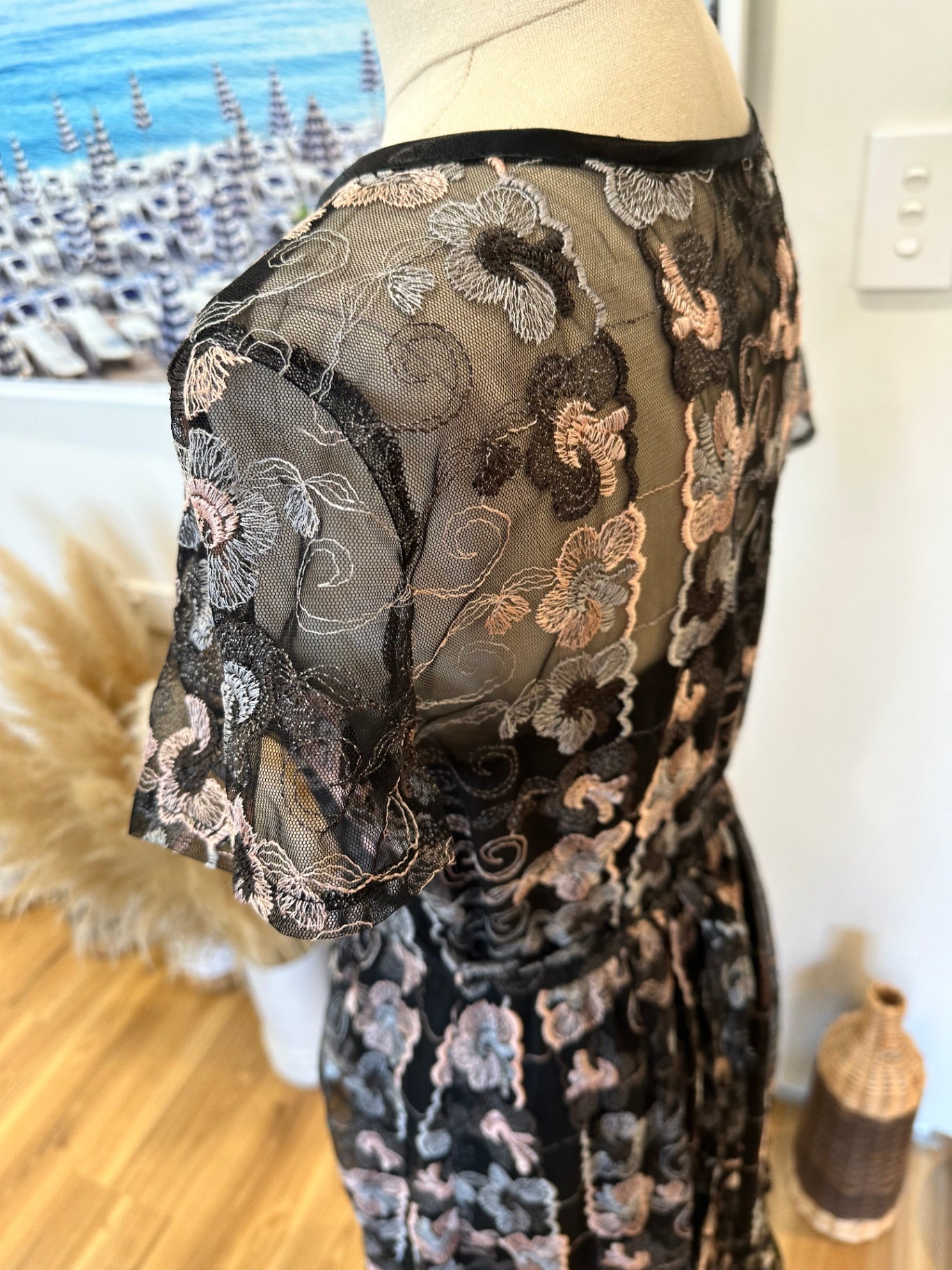 Dress - Small - Black with multicoloured floral embroidery