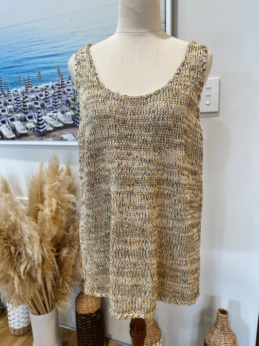 Knitted Singlet Top - Large / Extra Large - Beige with multicoloured specks