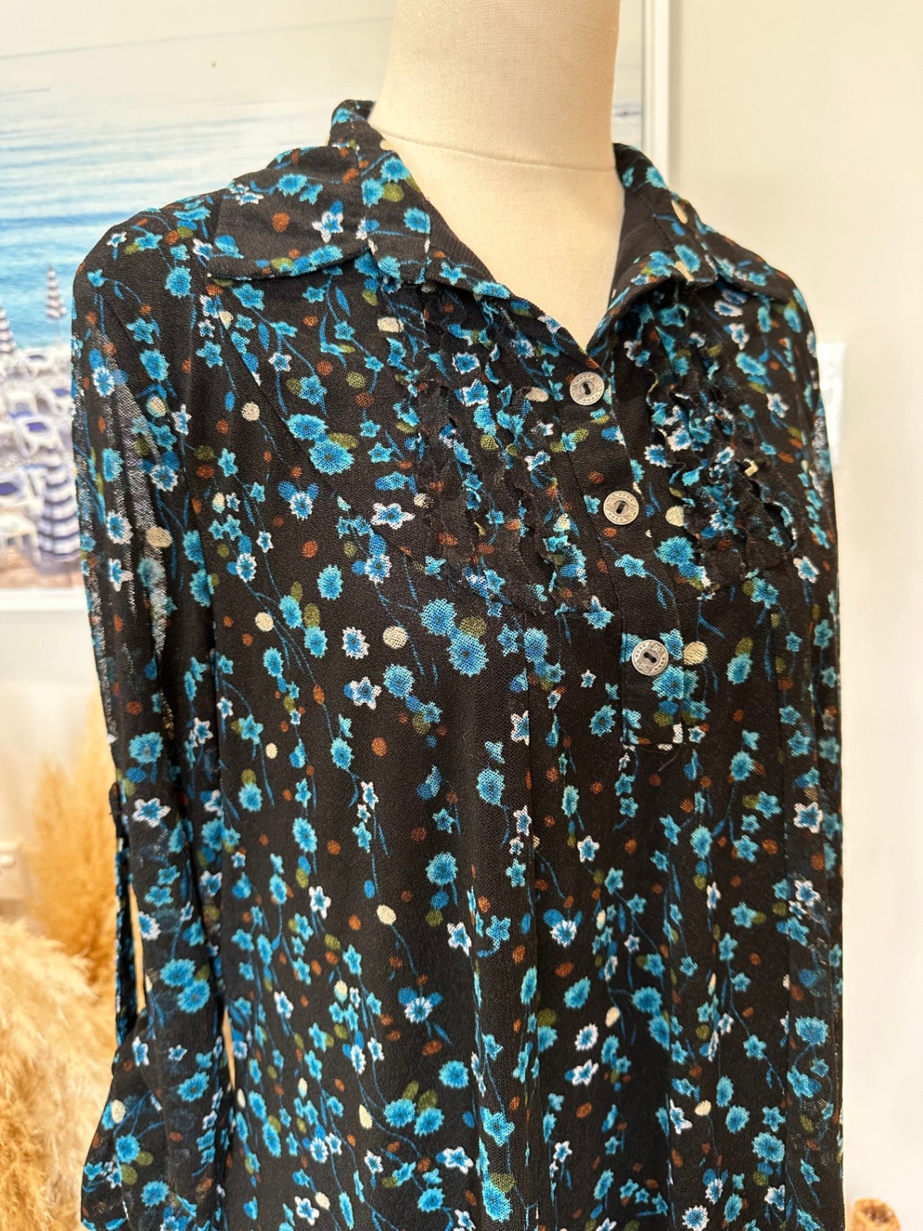 Merric Blouse - Size 14 - Black with blue and white floral pattern