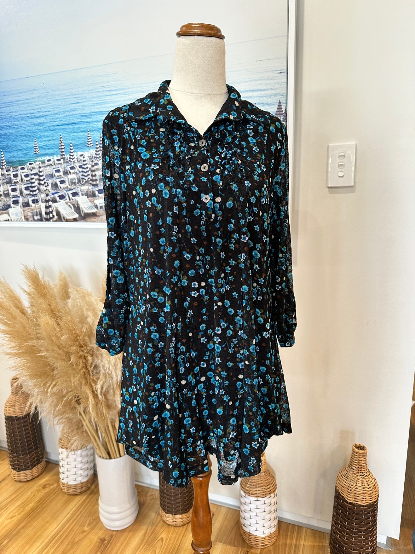 Merric Blouse - Size 14 - Black with blue and white floral pattern