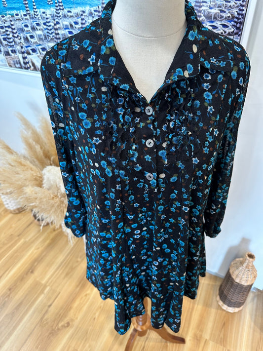 Merric Blouse - Size 14 - Black with blue and white floral pattern