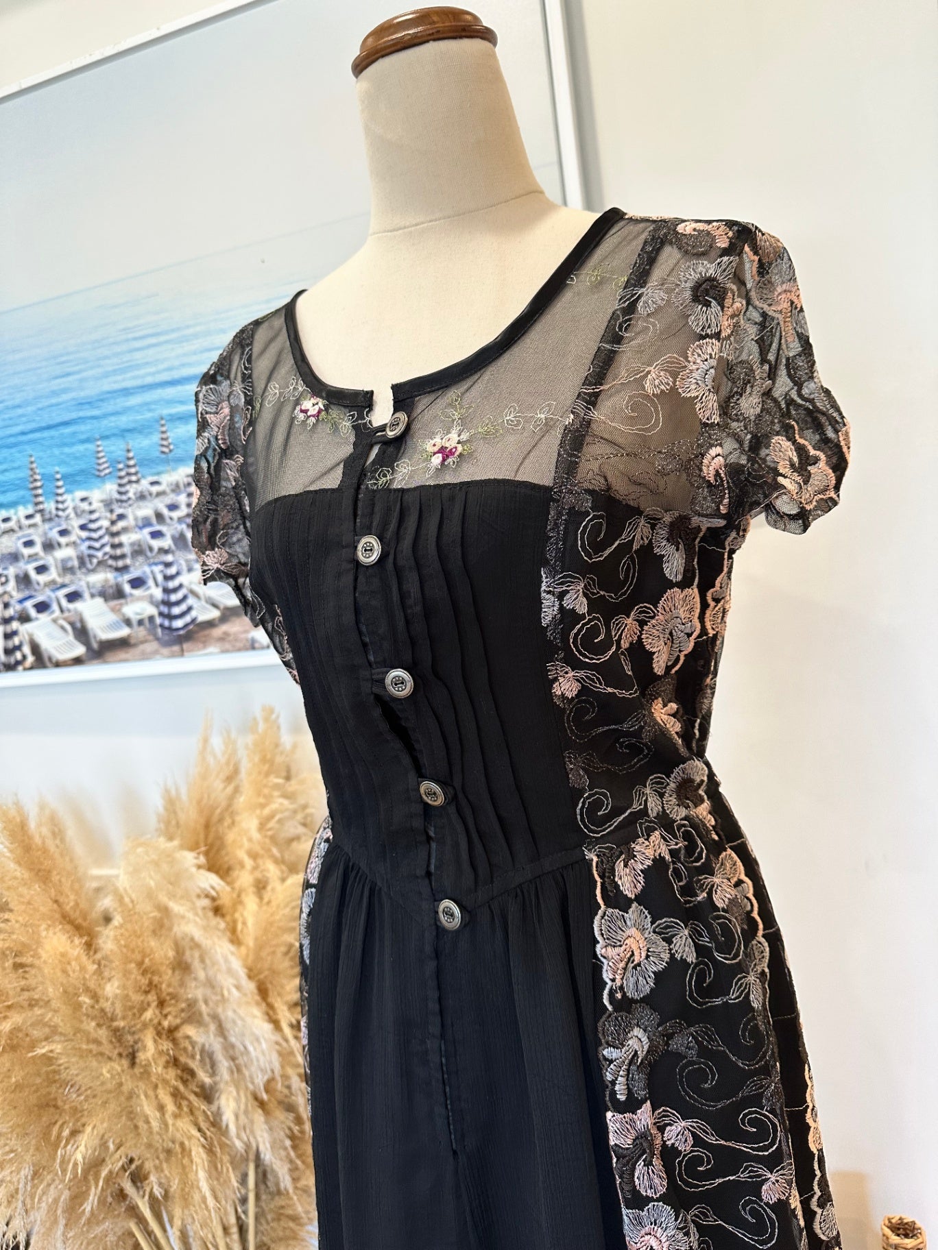 Dress - Small - Black with multicoloured floral embroidery