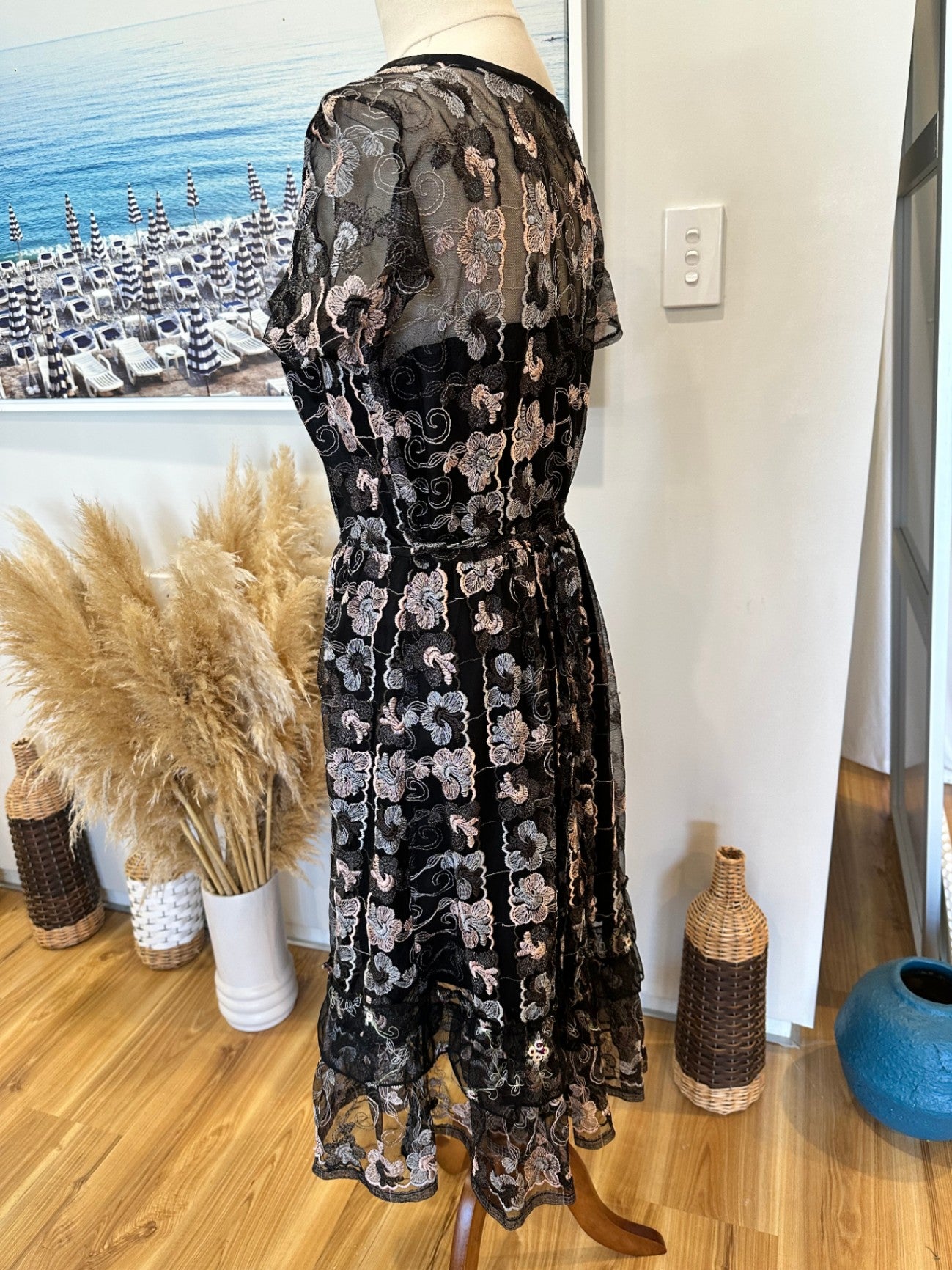 Dress - Small - Black with multicoloured floral embroidery