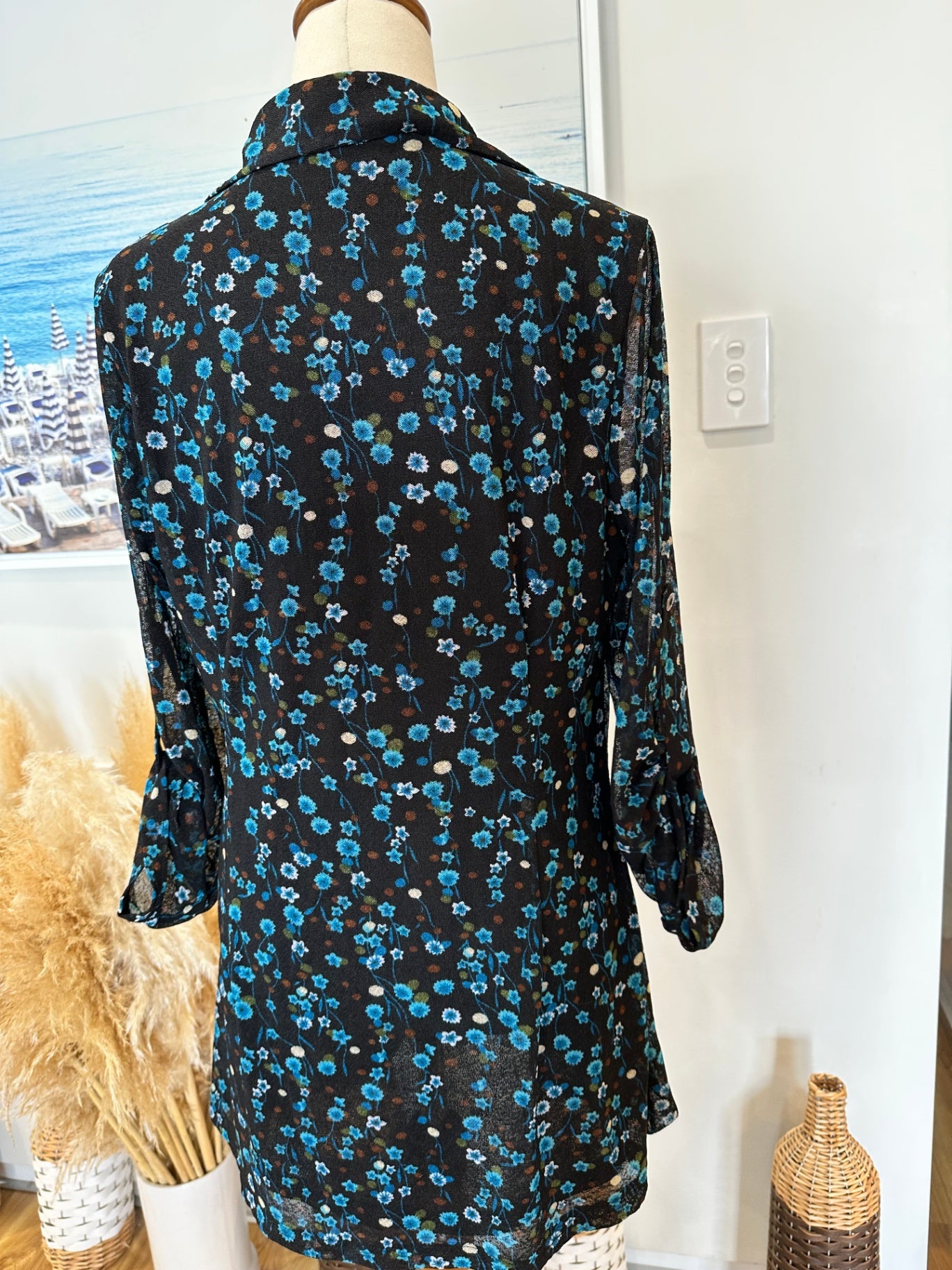 Merric Blouse - Size 14 - Black with blue and white floral pattern