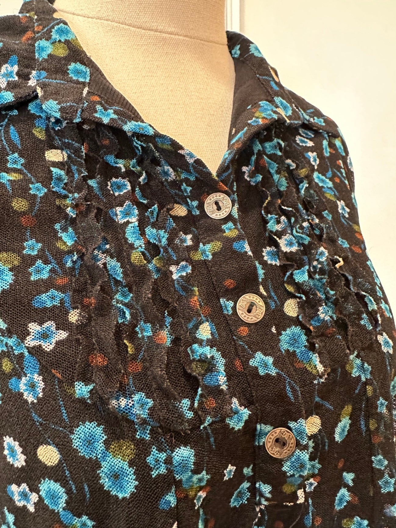 Merric Blouse - Size 14 - Black with blue and white floral pattern