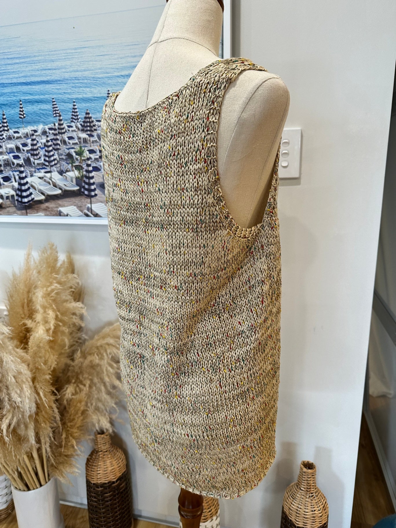 Knitted Singlet Top - Large / Extra Large - Beige with multicoloured specks