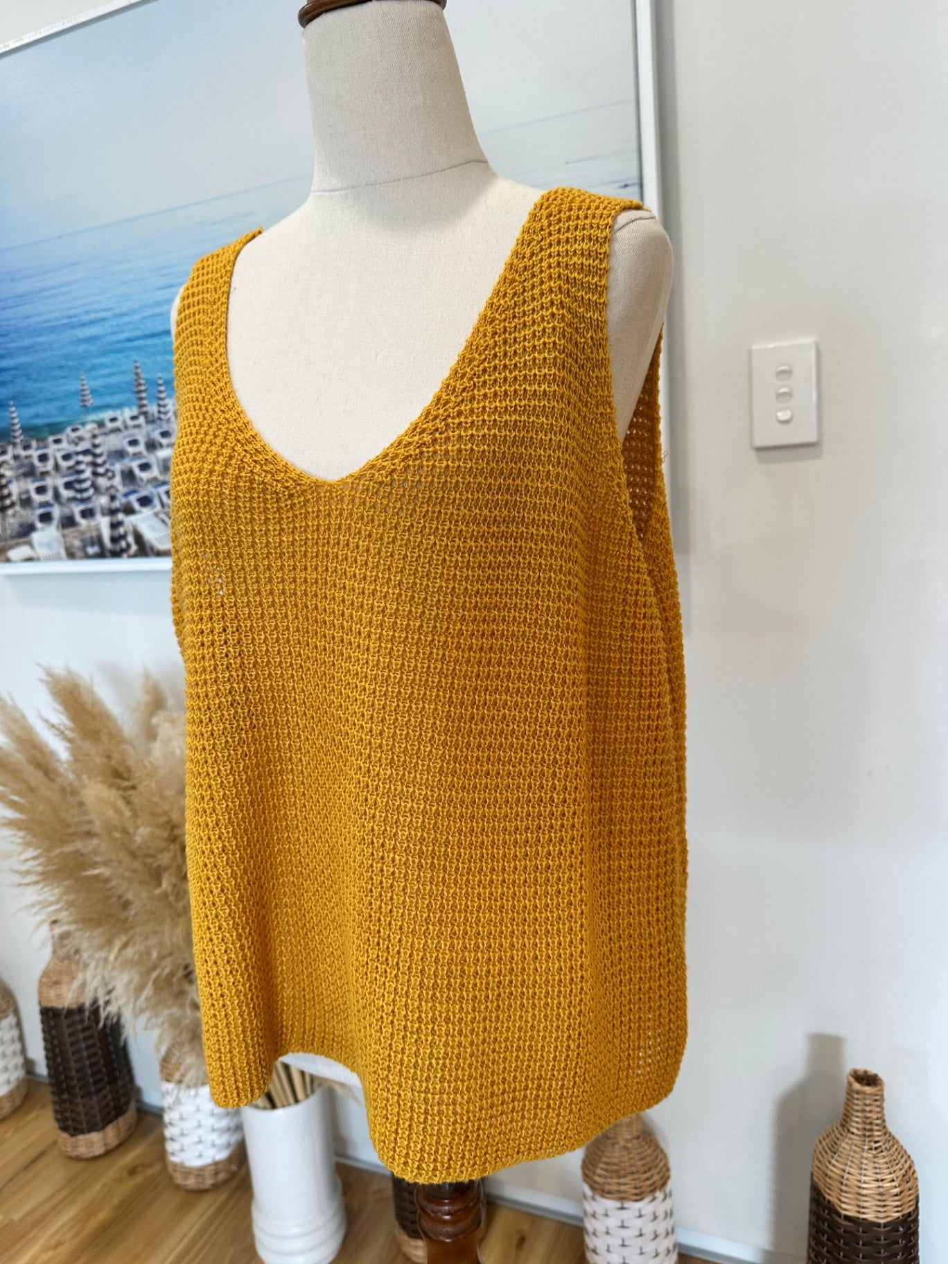 Crochet Inspired Singlet Top - Large / Extra Large - Mustard Yellow