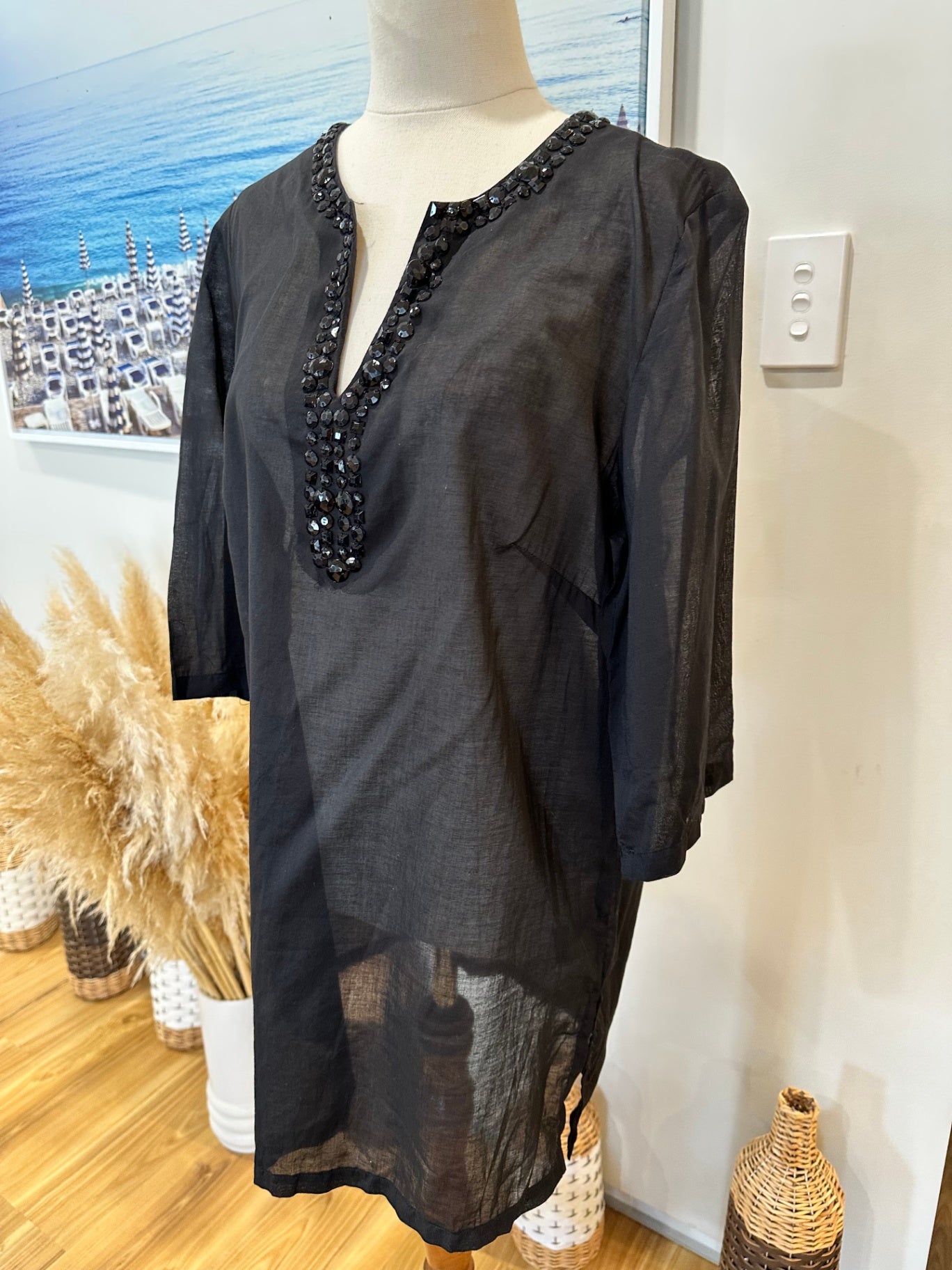 Rockmans - Kaftan Blouse - Size 14 - Black w Jewels