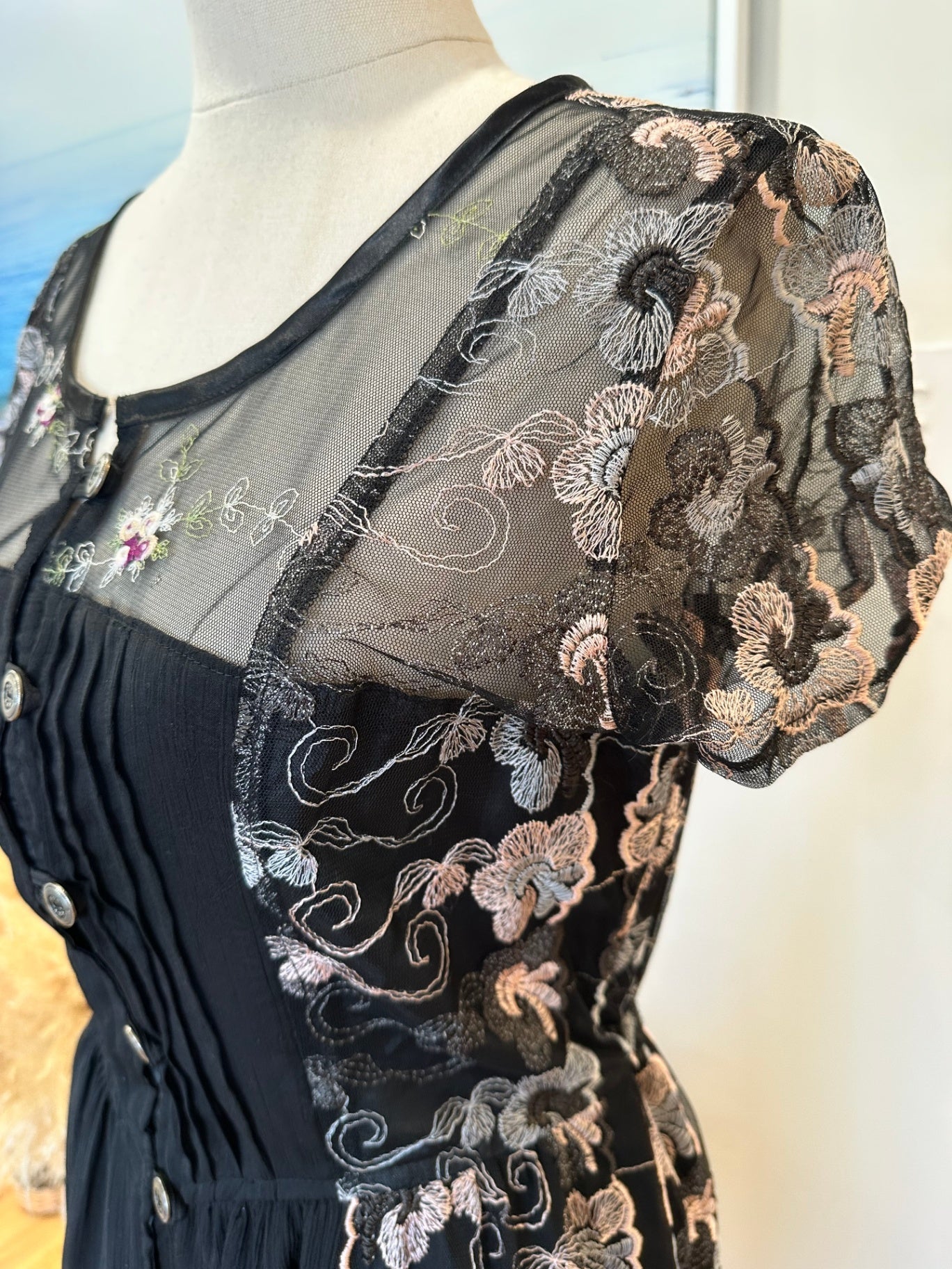 Dress - Small - Black with multicoloured floral embroidery