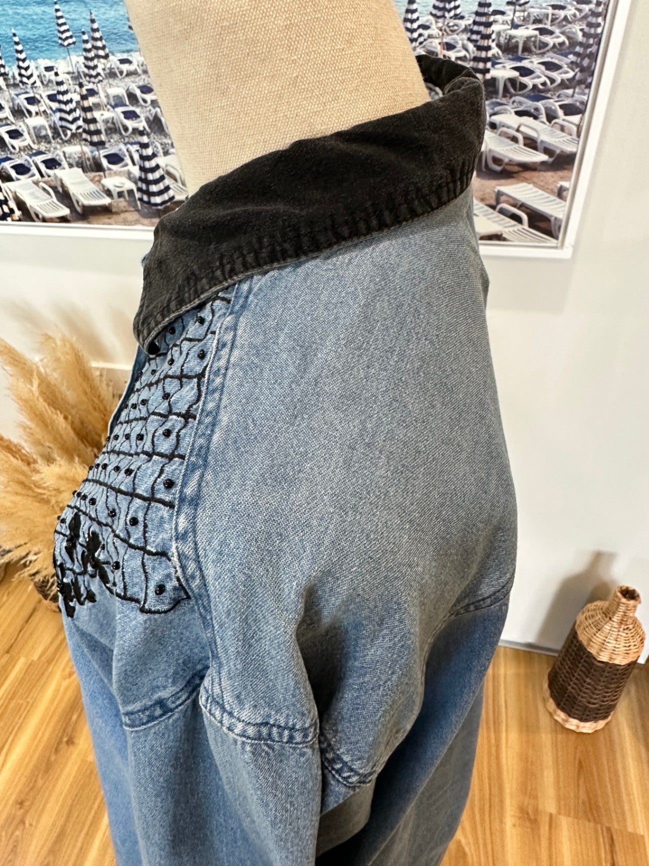 Vintage 90's - Denim Shirt - Medium / Large - Blue with Black Embroidery