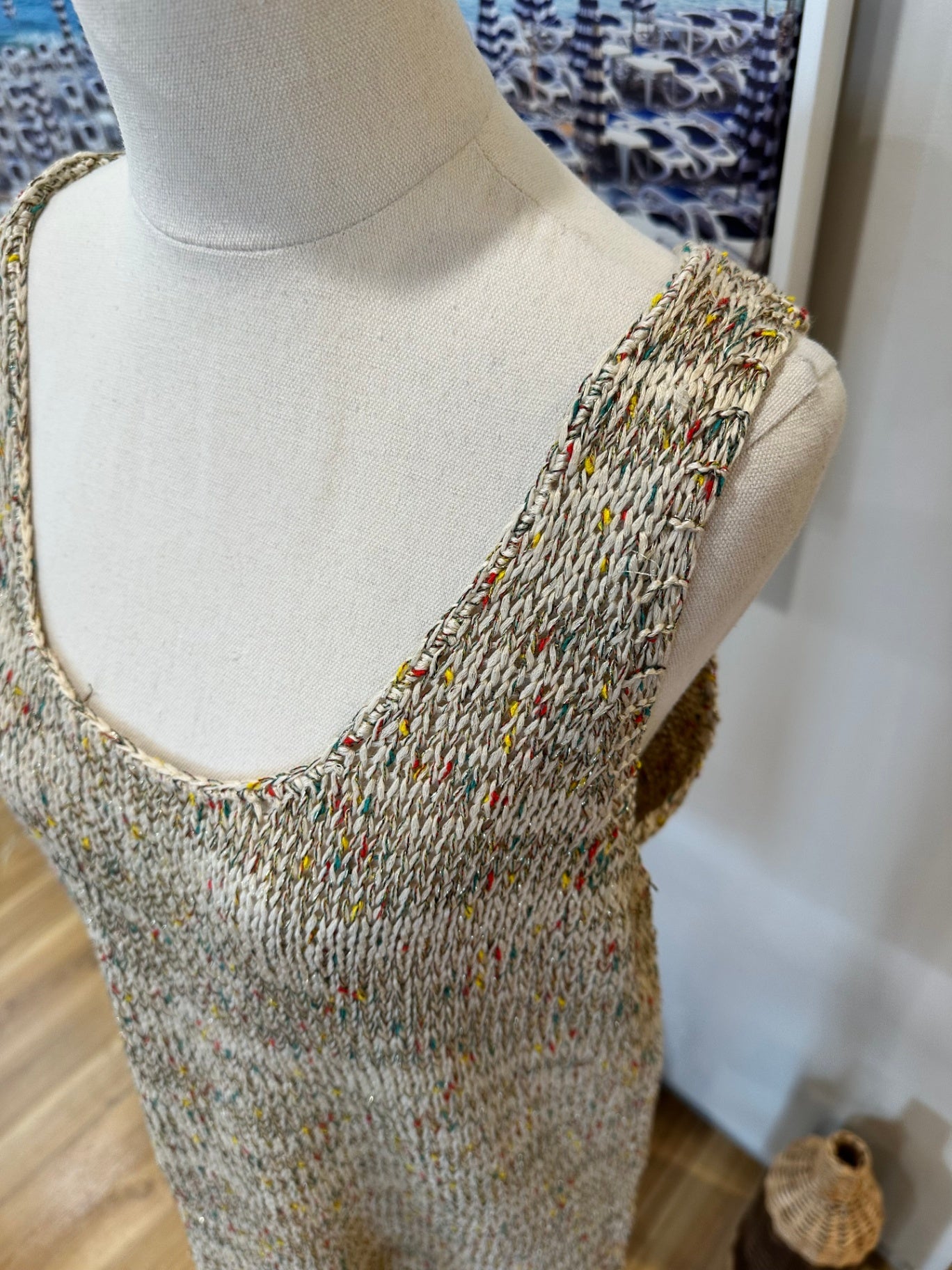 Knitted Singlet Top - Large / Extra Large - Beige with multicoloured specks