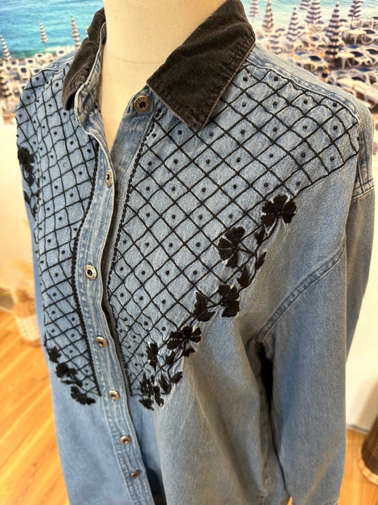 Vintage 90's - Denim Shirt - Medium / Large - Blue with Black Embroidery