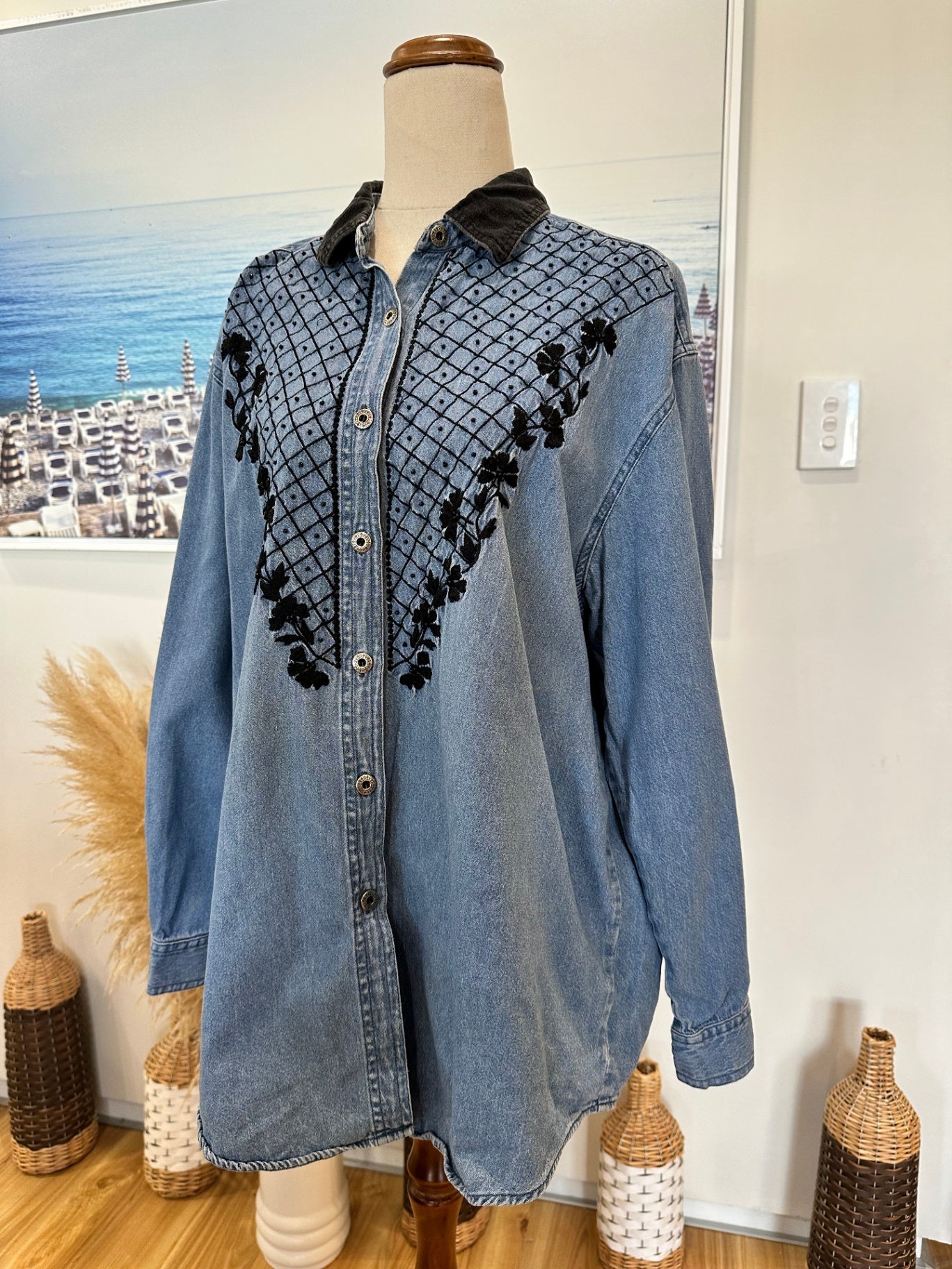 Vintage 90's - Denim Shirt - Medium / Large - Blue with Black Embroidery