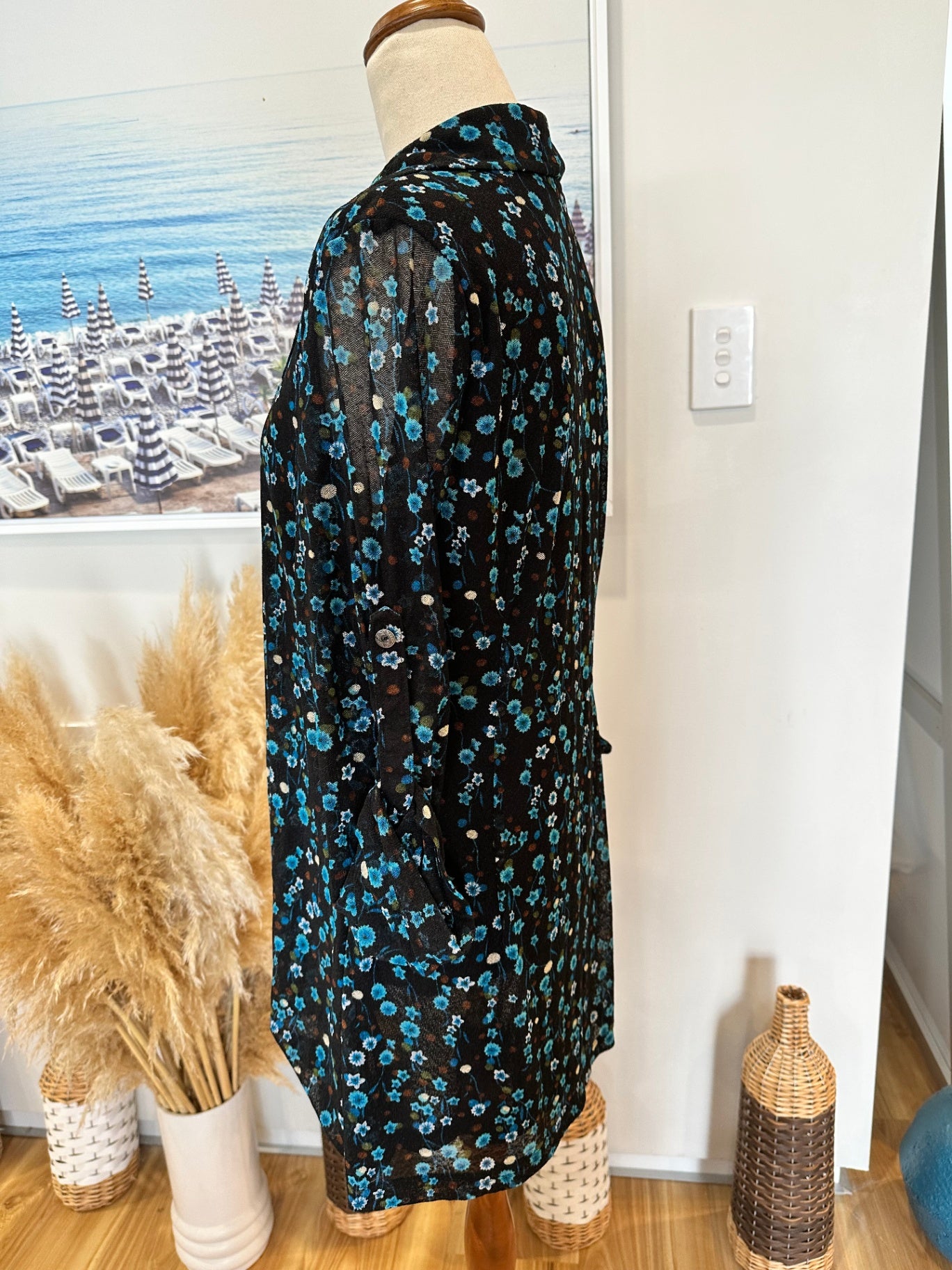 Merric Blouse - Size 14 - Black with blue and white floral pattern