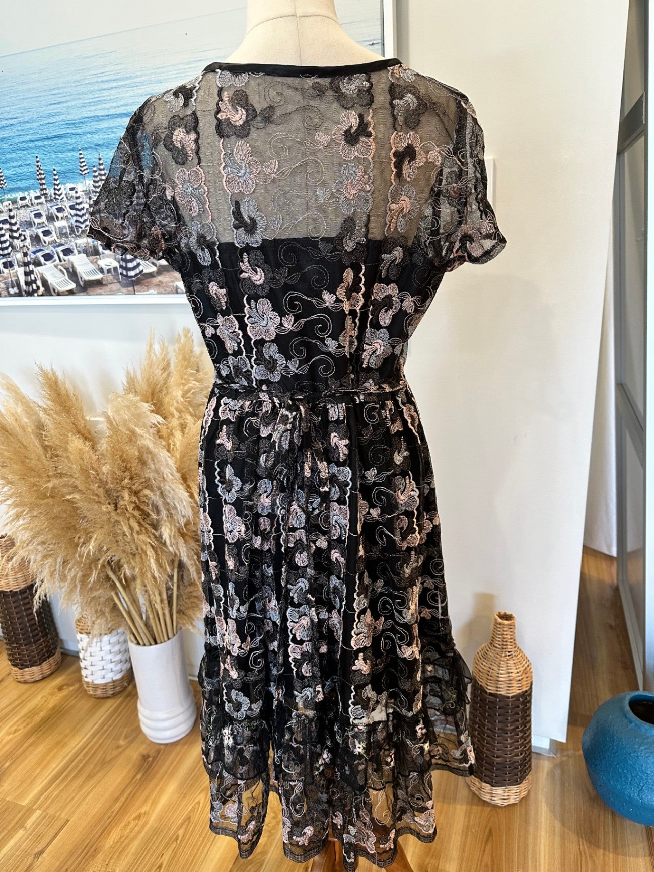 Dress - Small - Black with multicoloured floral embroidery