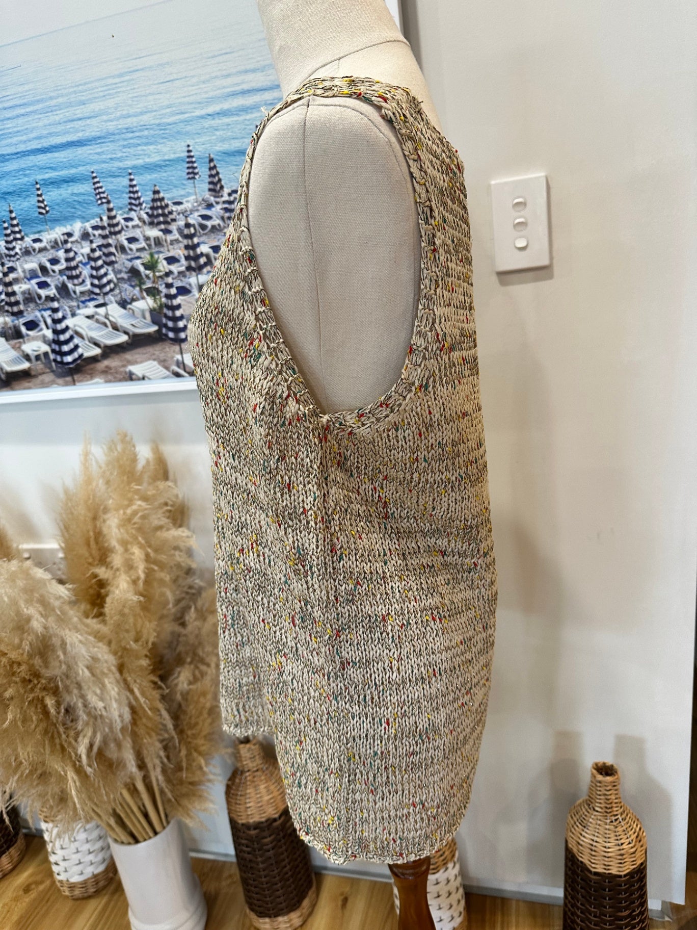 Knitted Singlet Top - Large / Extra Large - Beige with multicoloured specks