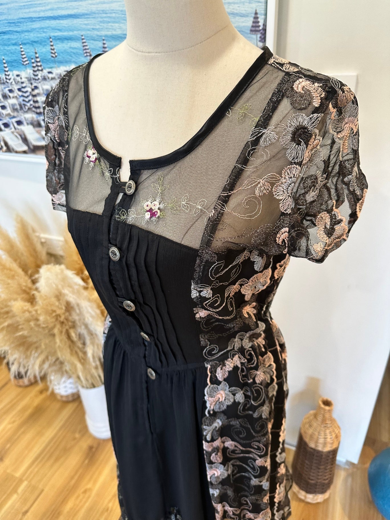 Dress - Small - Black with multicoloured floral embroidery