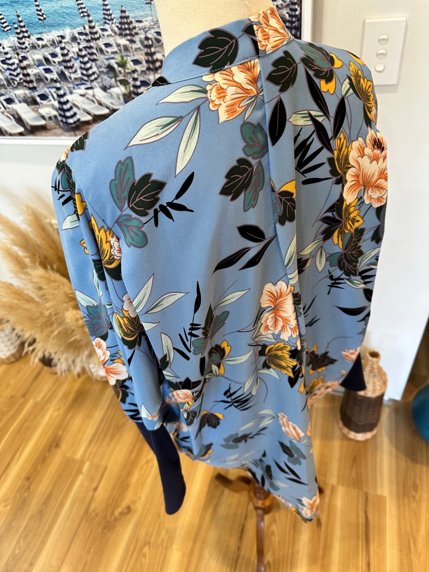 Kimono - One Size - Blue with multicolored floral pattern