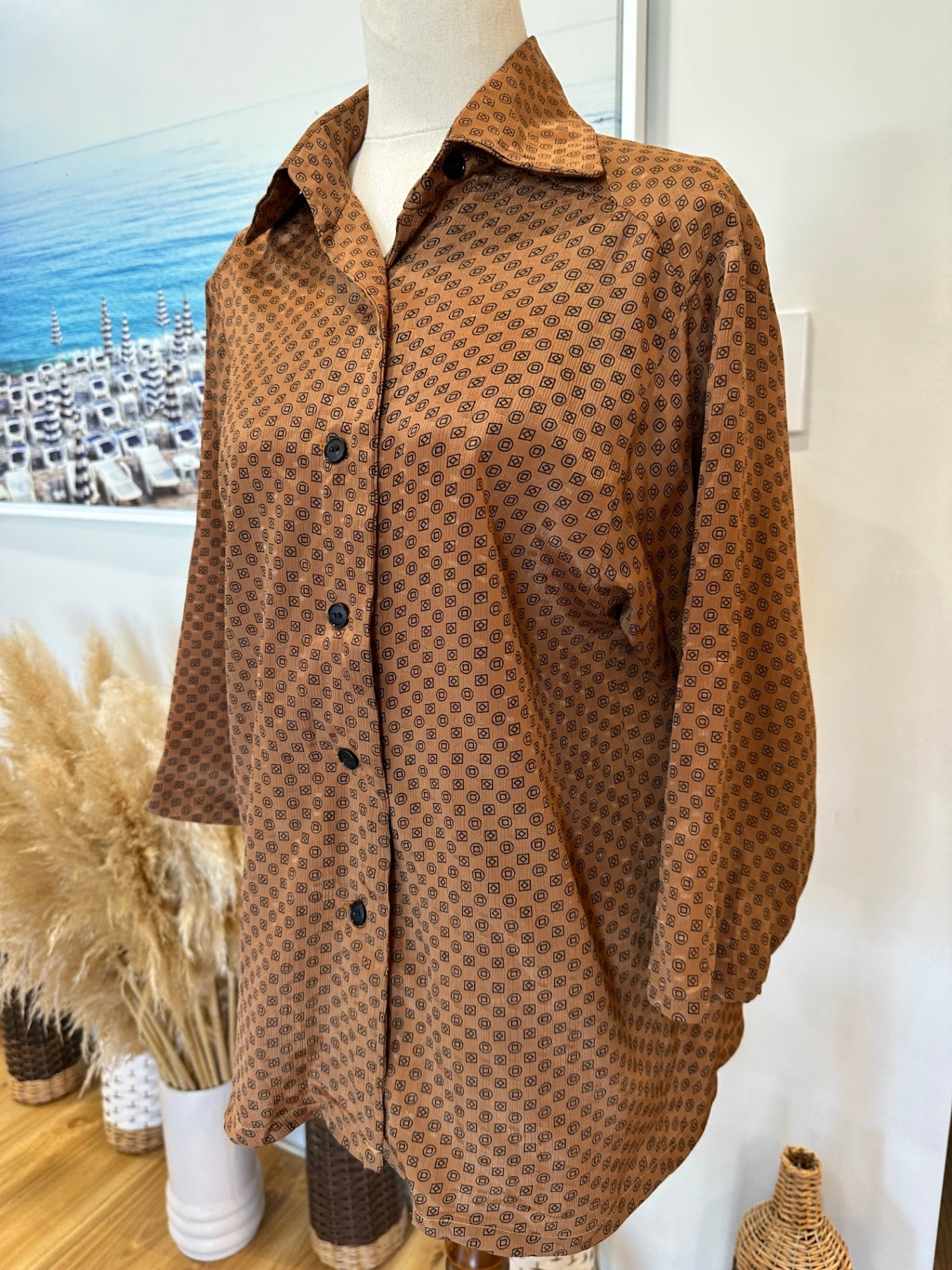 Vintage Shirt - Small - Brown with black pattern